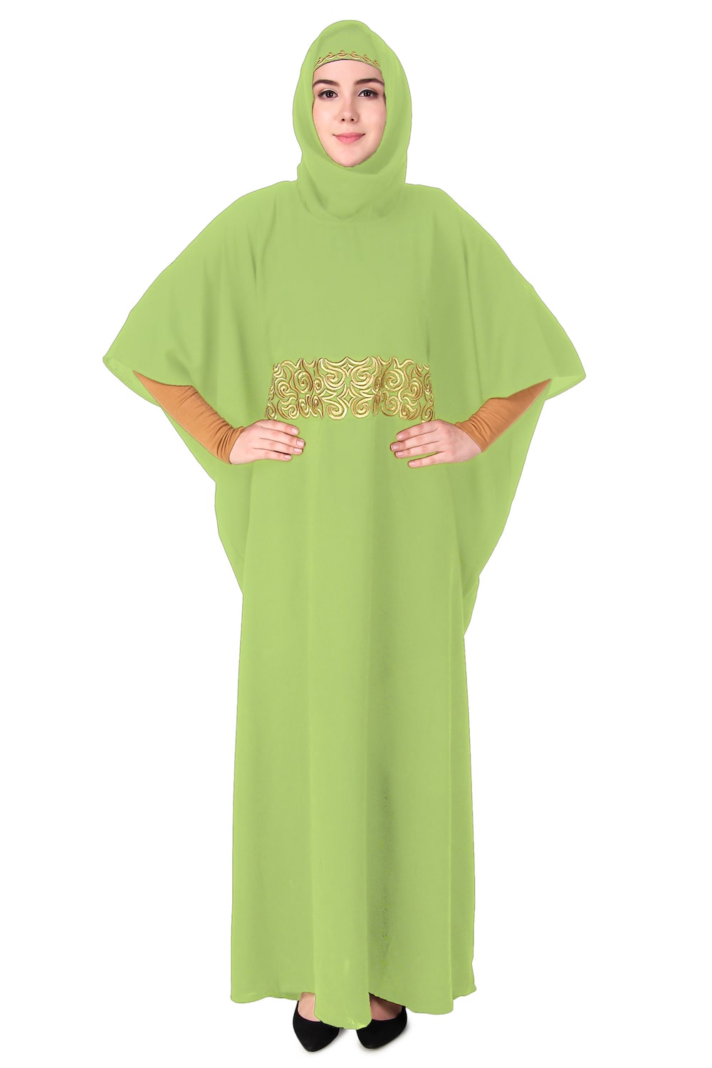 Handmade Gold Embroidered Waist Accent Kaftan Dress - Elegant Beach Cover Up & Boho Chic Homewear for Women