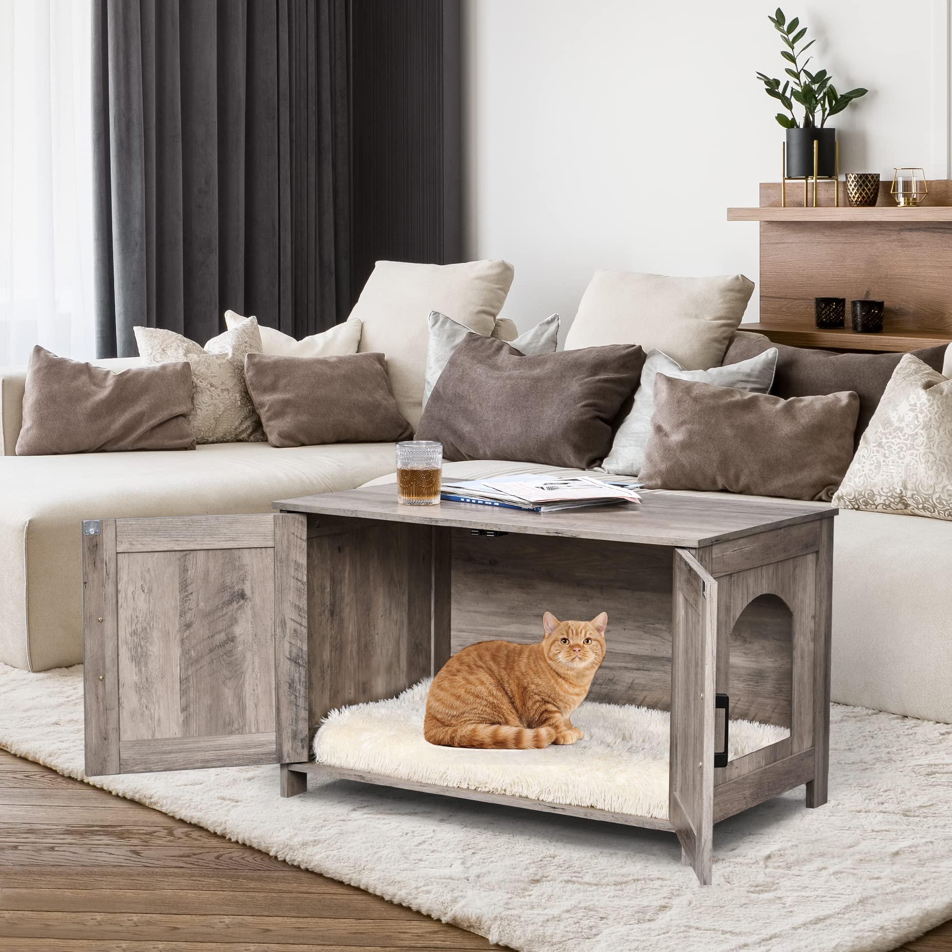 Homhedy Wooden Cat Litter Box Enclosure - Modern Cat Washroom Furniture with Barn Door | Fits Most Litter Boxes | Greige Finish | Perfect for Small Spaces & Home Decor