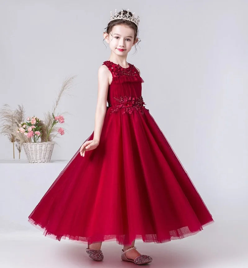 Elegant Red Tulle Flower Girl Dress with Floral Appliques - Perfect for Weddings, Parties & First Communion Ceremonies