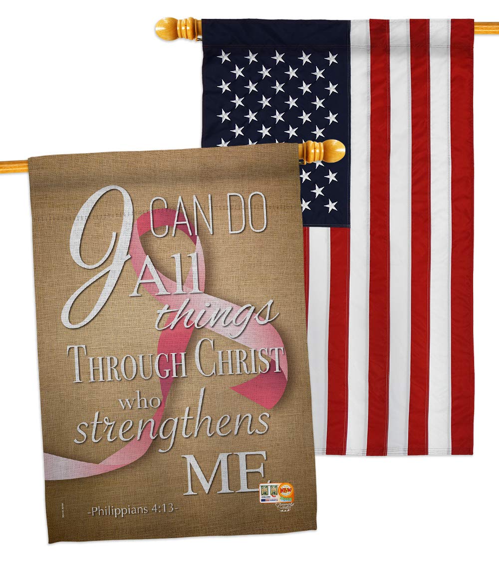Inspirational Pink Ribbon House Flags Pack - 'I Can Do All Things Through Christ' Double-Sided 28x40 Inch Yard Banner - Support Cancer, Autism & Breast Cancer Awareness - Perfect for Home Decoration, Fundraising Events & Survivor Support Gifts