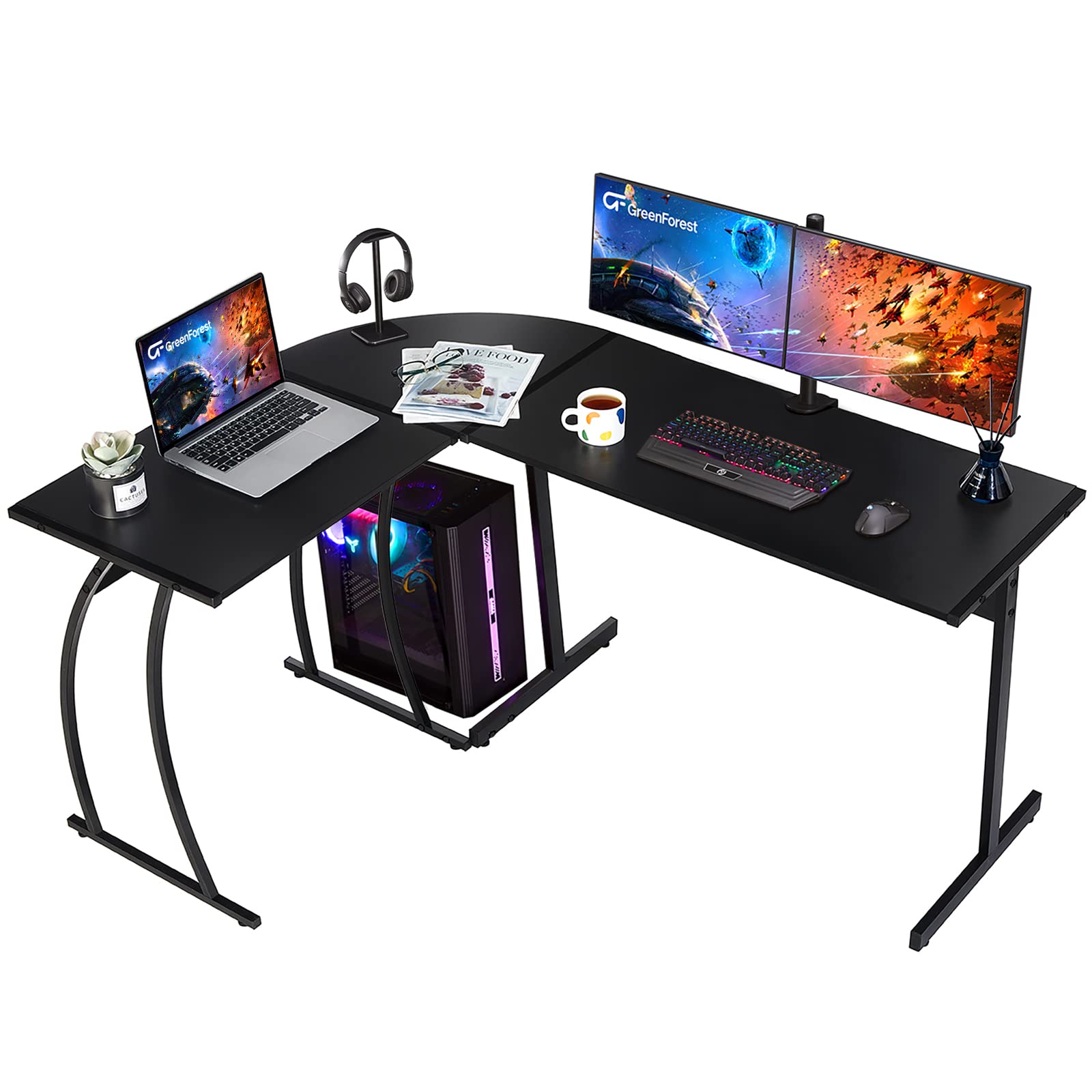 GreenForest 58.1 Inch L-Shaped Gaming Desk - Corner Computer Desk for Home Office, Writing & Studying - Ergonomic PC Workstation for Bedroom or Gaming Room (Black) | Perfect for Small Spaces & Multi-Monitor Setups