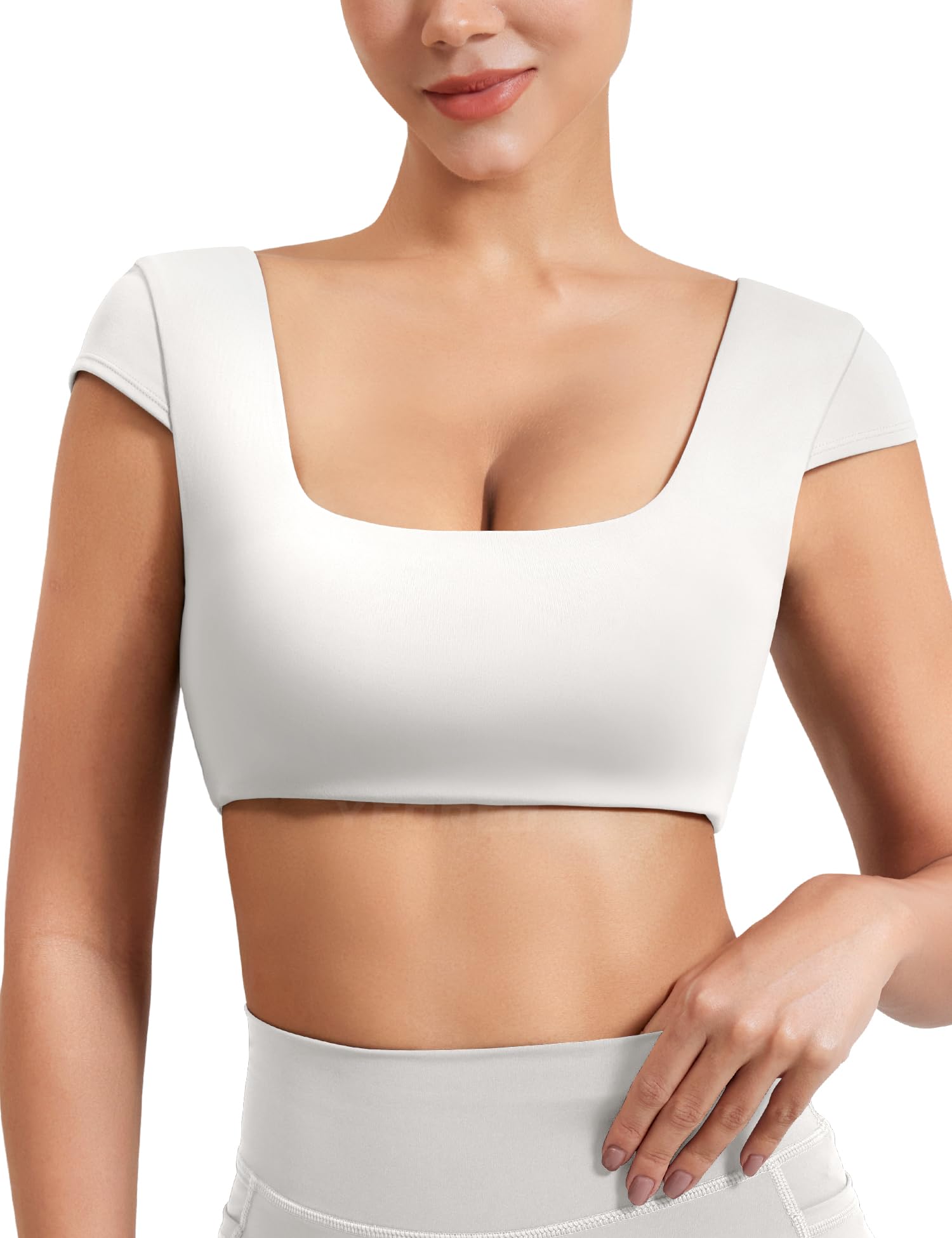 YEOREO Women's Square Neck Backless Tank Top with Built-in Bra - Summer Workout Crop Top, Cap Sleeve Slice Casual Shirt for Gym, Yoga, Beach & Night Out