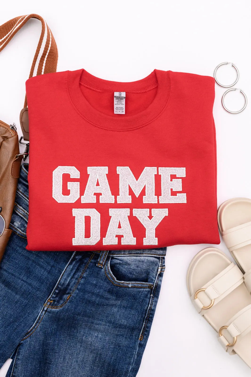 PREORDER: Embroidered Glitter Game Day Sweatshirt - Red & Silver | Perfect for Football Tailgates, College Parties & Sports Fan Apparel