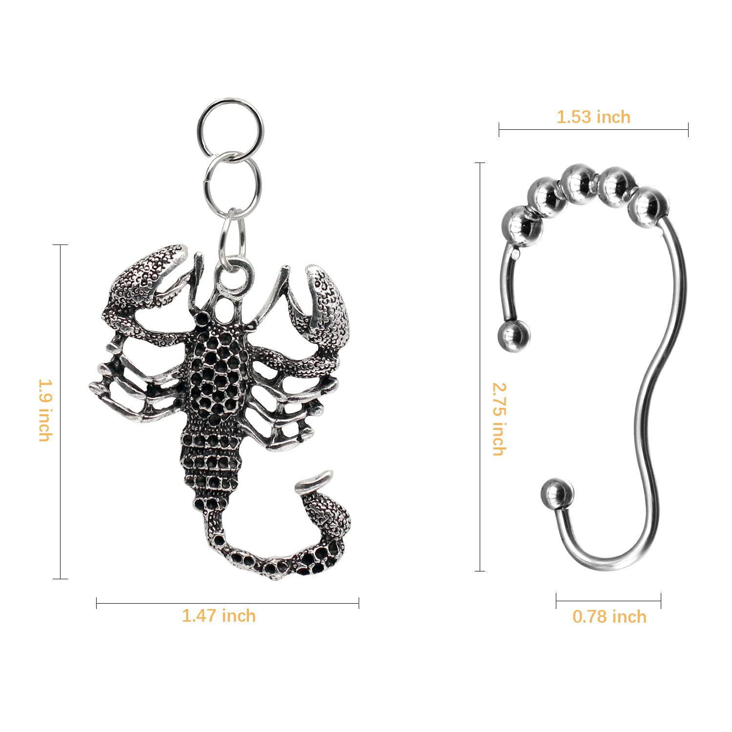 Premium Stainless Steel Shower Curtain Hooks with Scorpion Charm - 12-Pack Silver Bathroom Accessories for Ocean Theme Decor | Durable Rustproof Rings for Bath, Kids Room & Coastal Style Homes