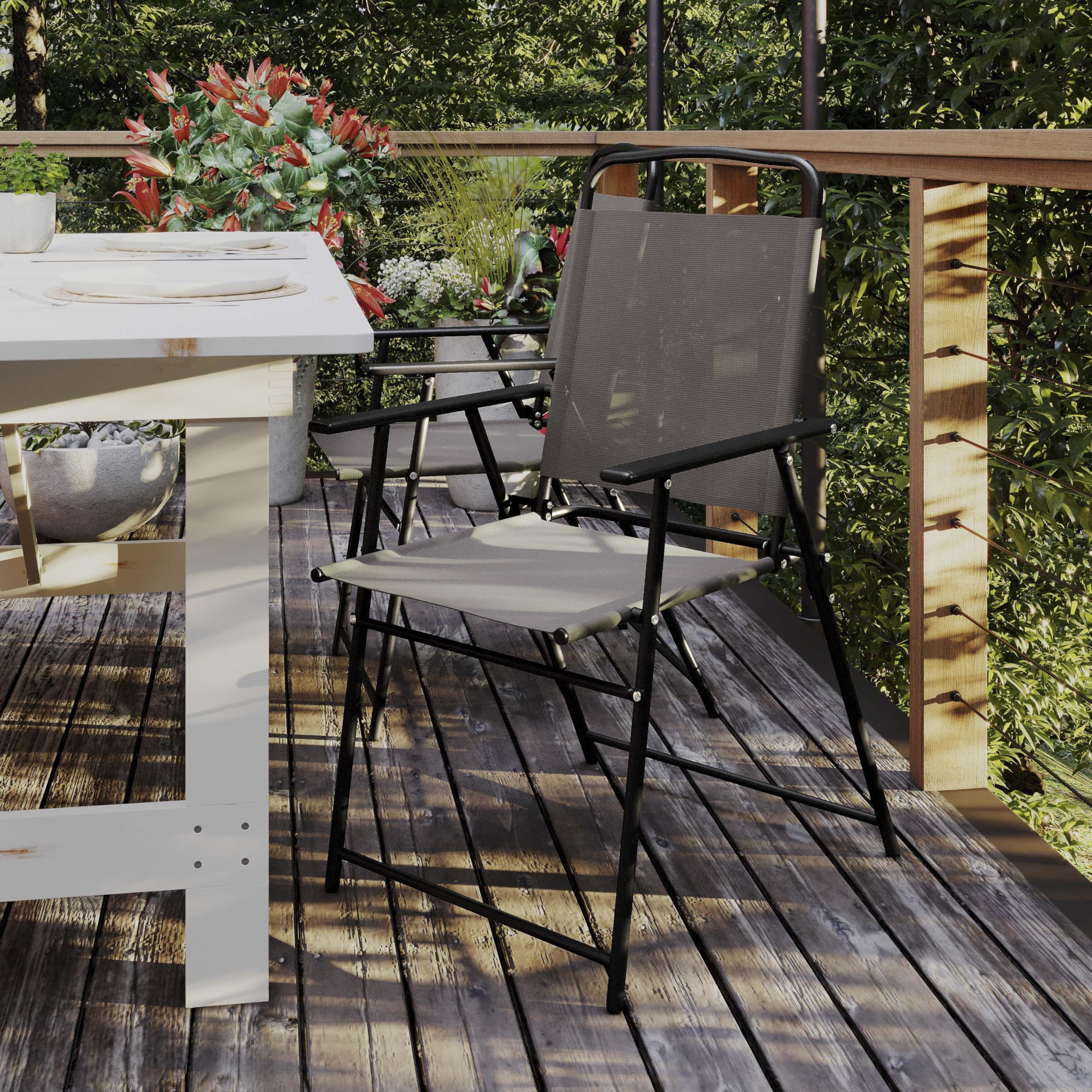 Flash Furniture Mystic Folding Patio Sling Chairs - Set of 2 Brown Textilene Outdoor Lawn Chairs with Armrests | Perfect for Backyard, Poolside & Garden Relaxation