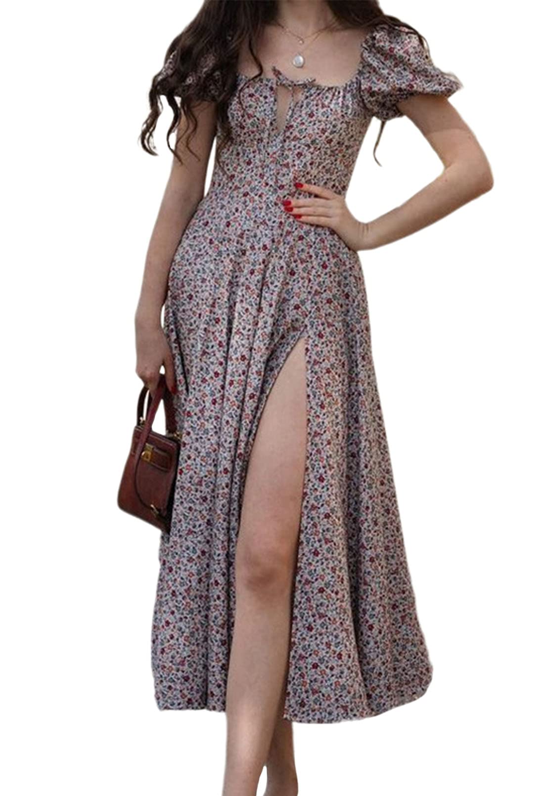 Linsery Women's Floral Maxi Dress with Puff Sleeves & Square Neck - Elegant Boho Cottagecore Long Dress with Side Slit for Summer Weddings, Beach Vacations & Date Nights