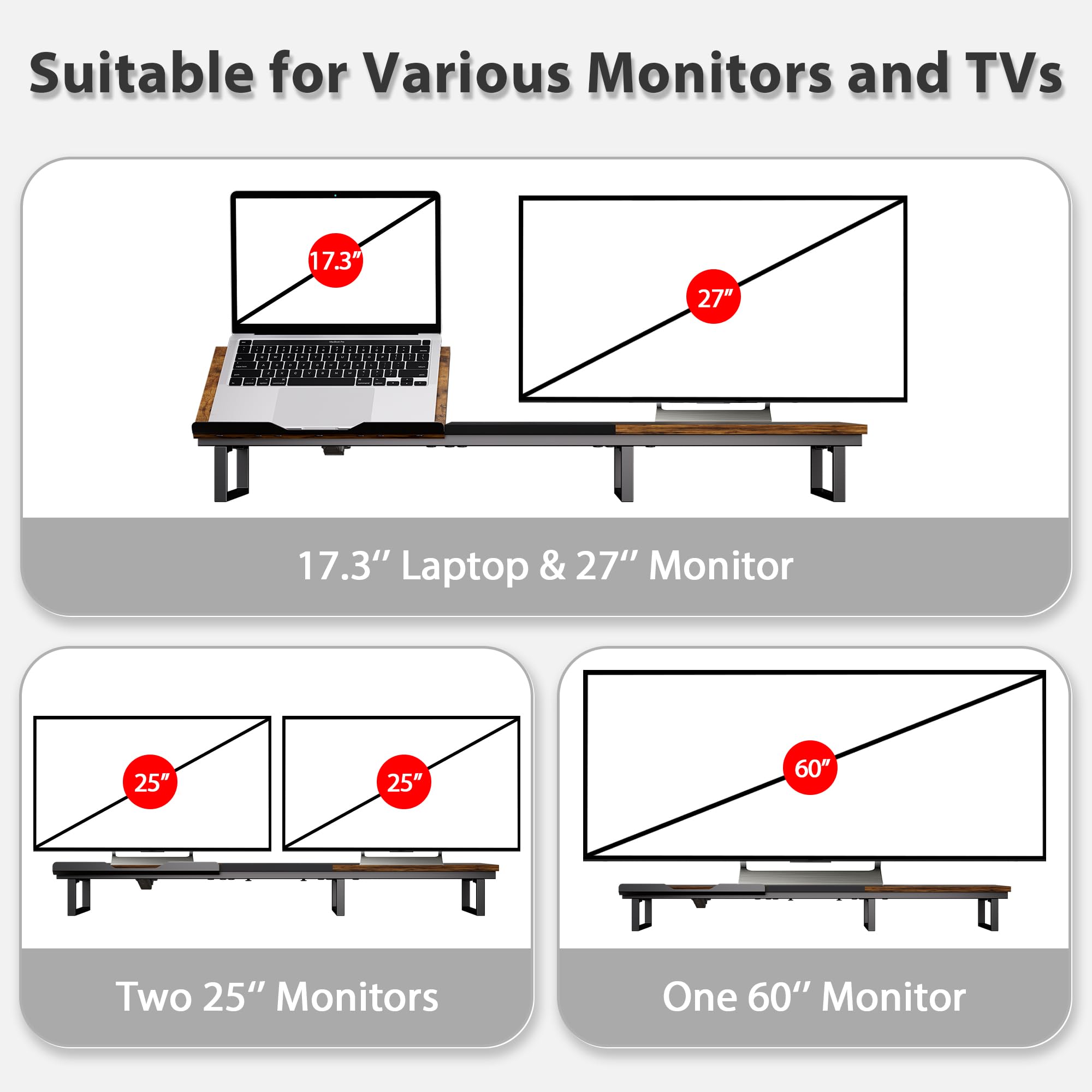 Dual Monitor Stand with Adjustable Laptop Riser - Ergonomic Wooden Desk Stand for 2 Monitors, 7-Angle Adjustable Laptop Holder, Rustic Brown Metal Legs for Home Office Setup