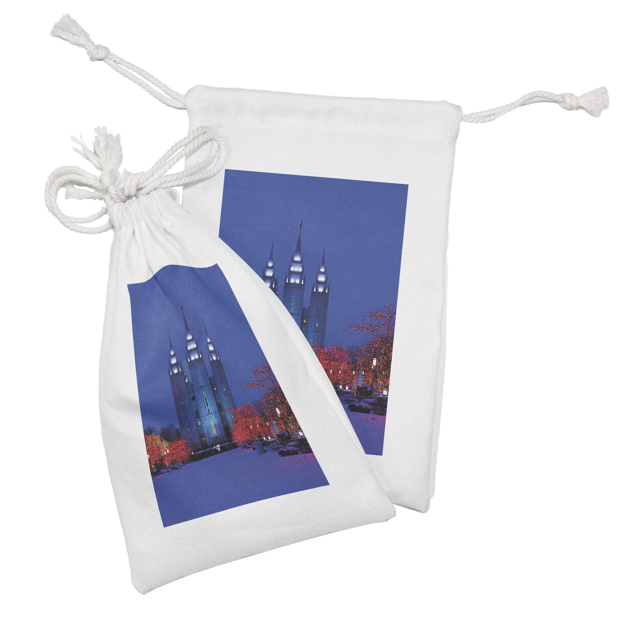 Ambesonne Winter Scenery Fabric Pouch Set of 2 - Christmas City Castle Landscape Drawstring Bags (9