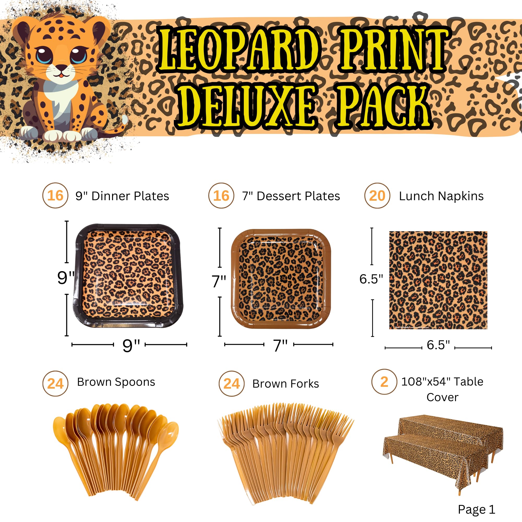 Leopard Print Party Supplies Pack (127 Pieces for 16 Guests) - Cheetah Themed Party Decorations, Animal Print Plates & Napkins | Perfect for Birthday Celebrations, Baby Showers & Jungle Theme Parties