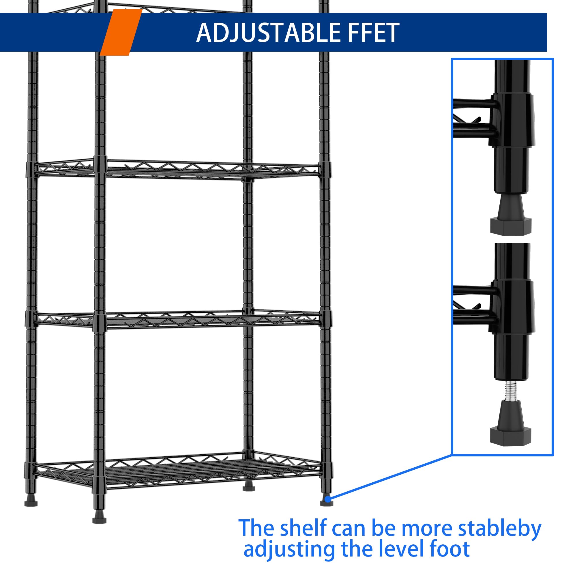 REGILLER 6-Tier Heavy Duty Steel Wire Shelving Unit - Adjustable Storage Rack for Laundry Room, Bathroom, Kitchen, Pantry & Closet Organization (Black, 11.7