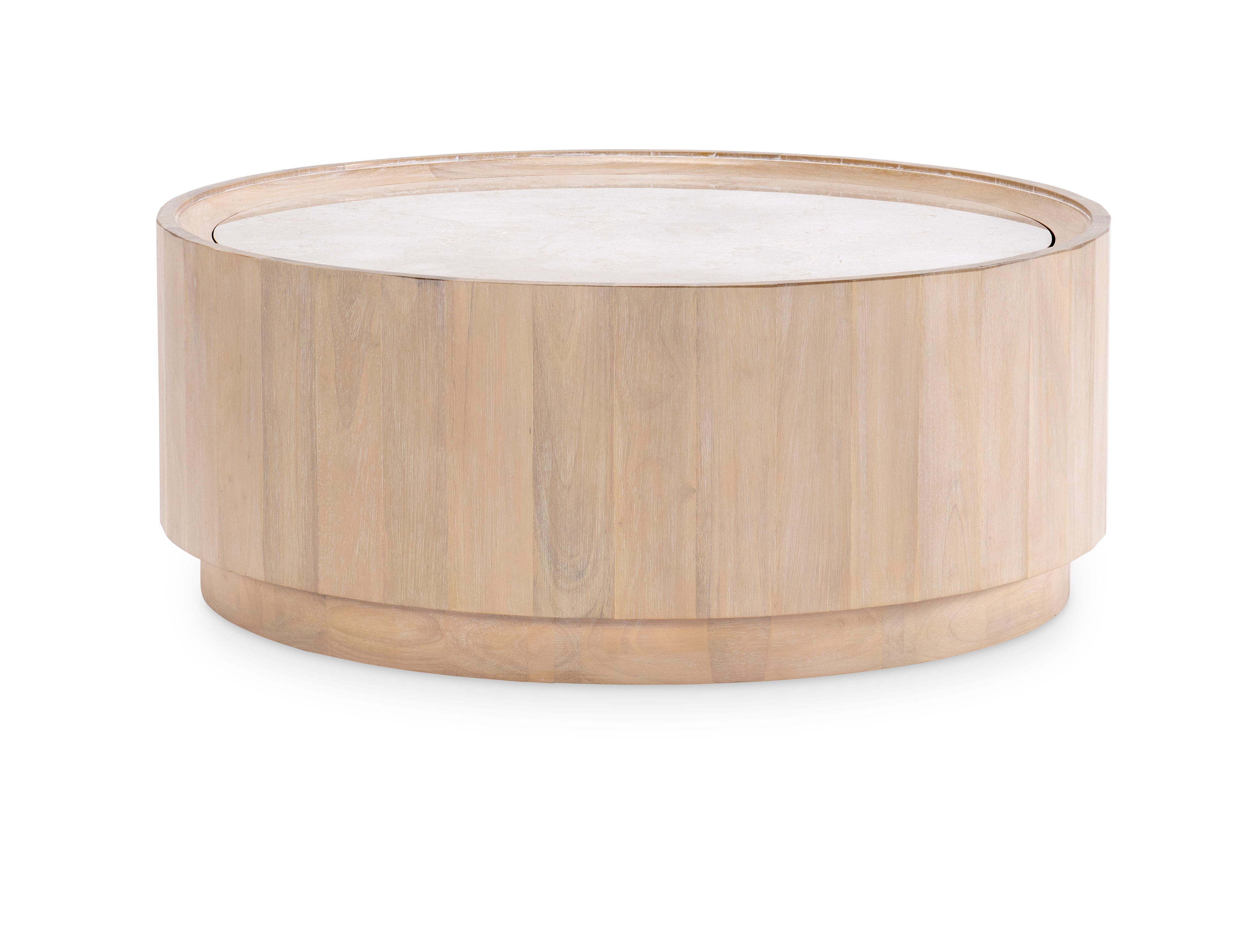 Biscayne Round Cocktail Table with Travertine Top in Beige - Perfect for Living Room, Lounge, and Outdoor Patio Decor
