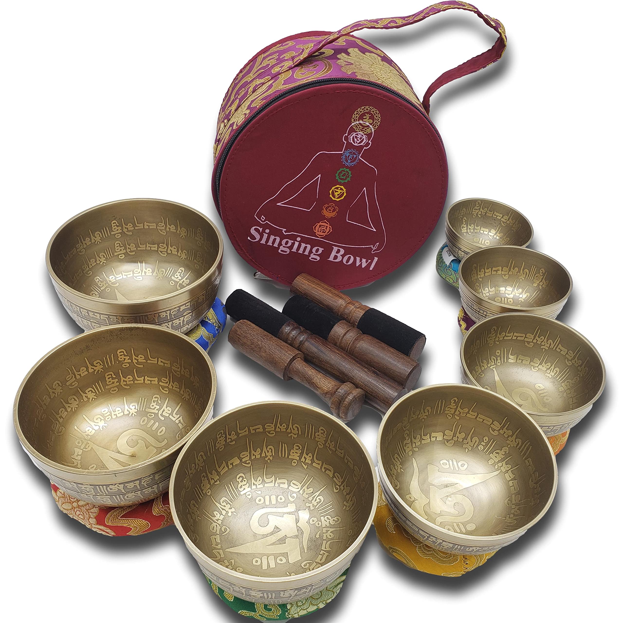 Authentic Tibetan Singing Bowls Chakra Set - Hand Carved Buddha Mantra & Symbol - 7-Piece Divine Sound Bowl Kit for Meditation, Yoga & Healing