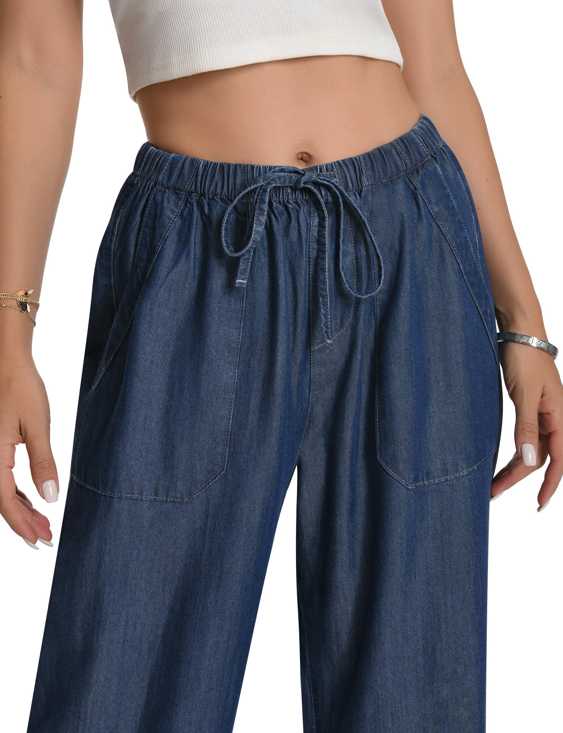 Women's High Waisted Wide Leg Jeans - Stretchy Drawstring Pull On Pants for Women | Trendy Flowy Lightweight Denim for Casual Wear, Work & Travel