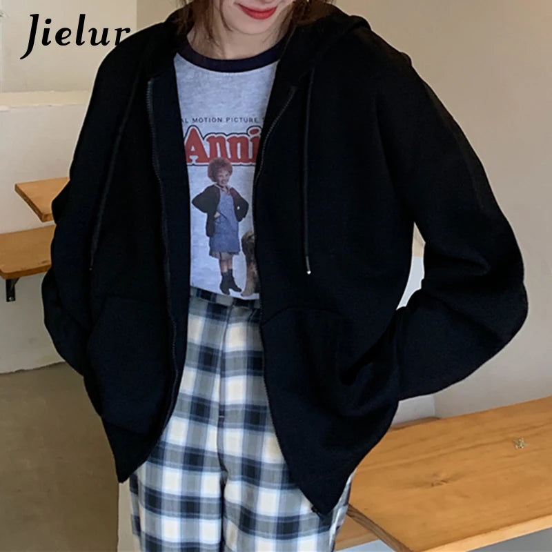 Women's Black Zip Up Hoodie - Korean Style Long Sleeve Camel Hooded Sweatshirt with Pocket & Drawstring (Sizes M-XL) | Casual Streetwear, Loungewear & Winter Fashion
