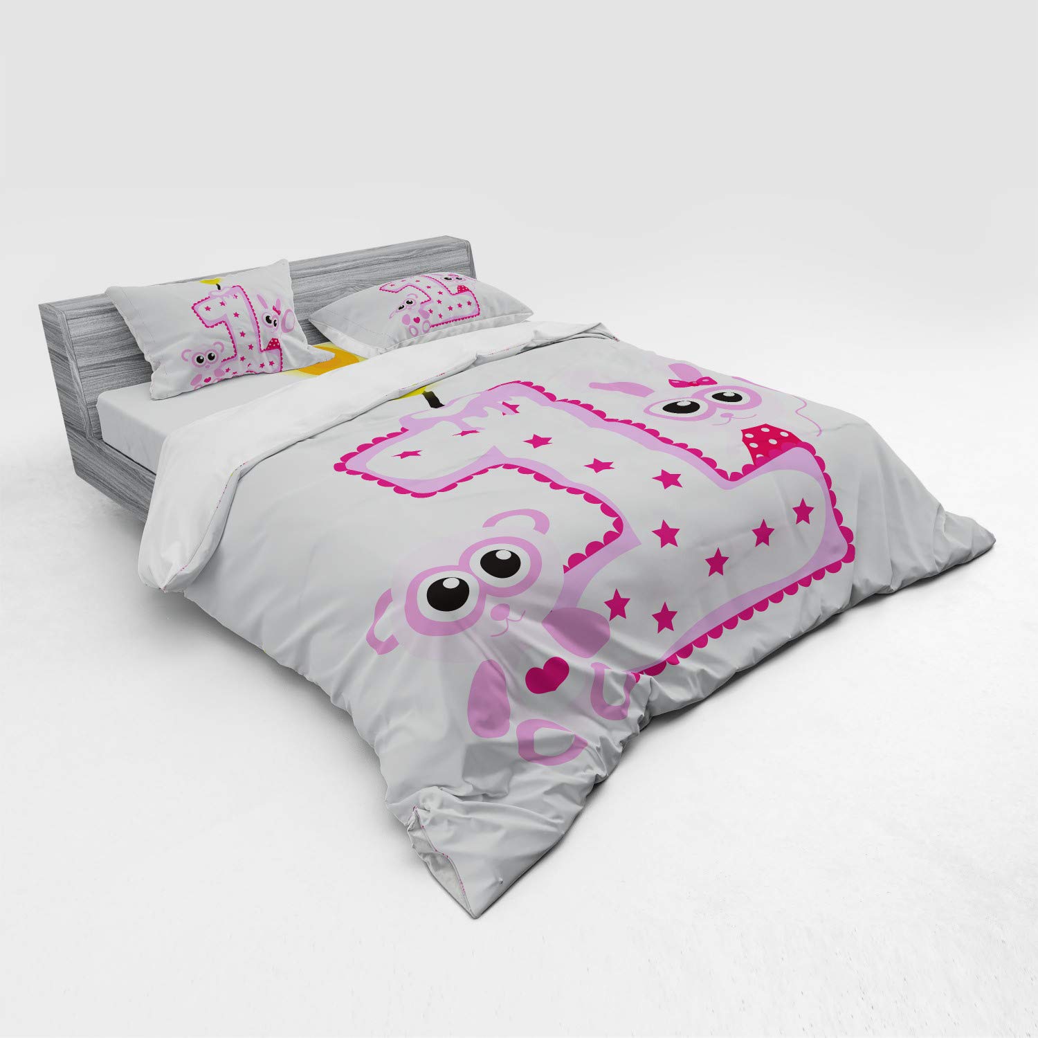 Ambesonne 1st Birthday Bedding Set for Girls - King Size 4-Piece Duvet Cover with Shams & Fitted Sheet - Hot Pink & Lilac Bunny Bear Animal Theme - Perfect for Birthday Parties & Nursery Decor