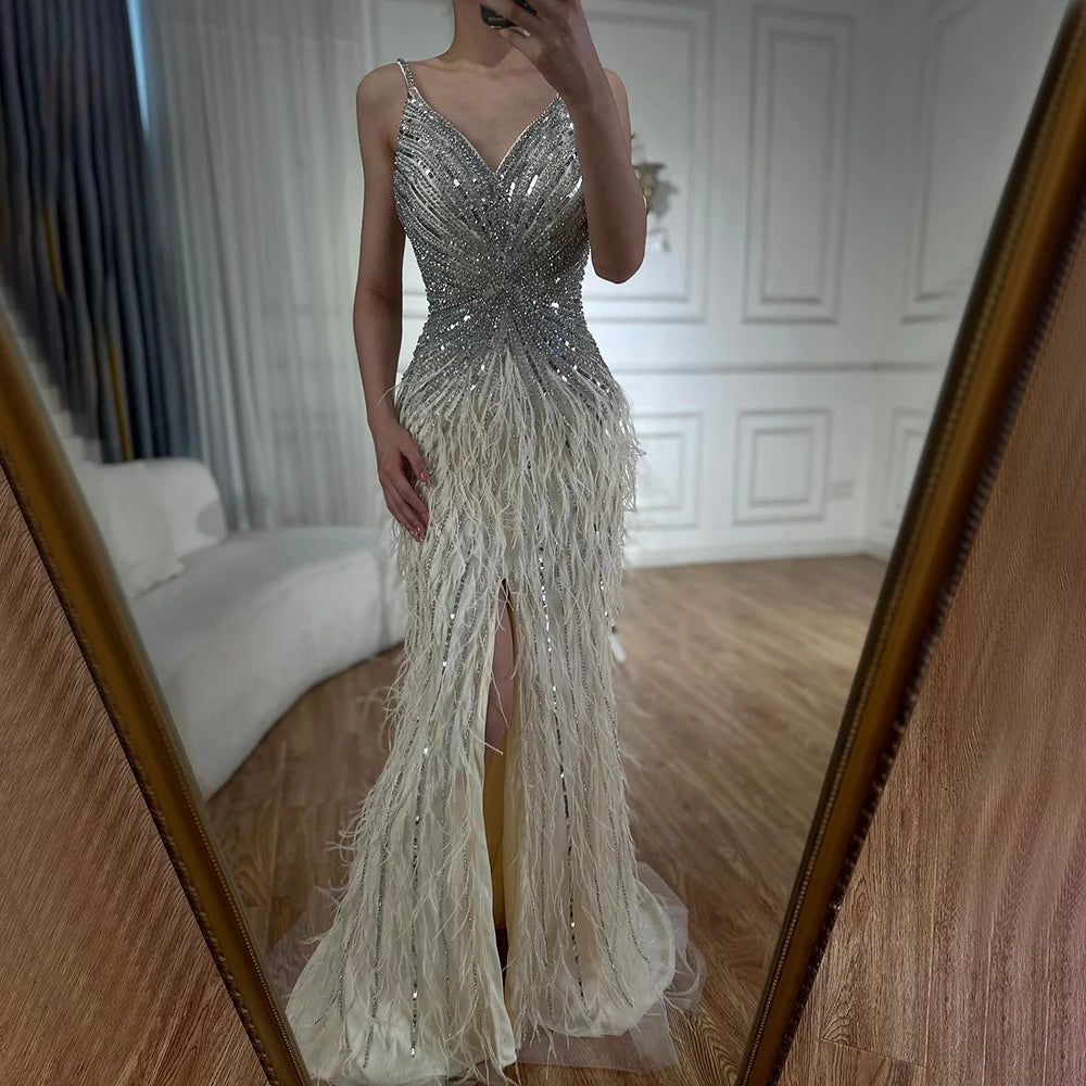 Elegant Arabic Black Feather Beaded Mermaid Evening Gown with High Slit - LA70623 | Formal Dress for Prom, Gala & Special Occasions