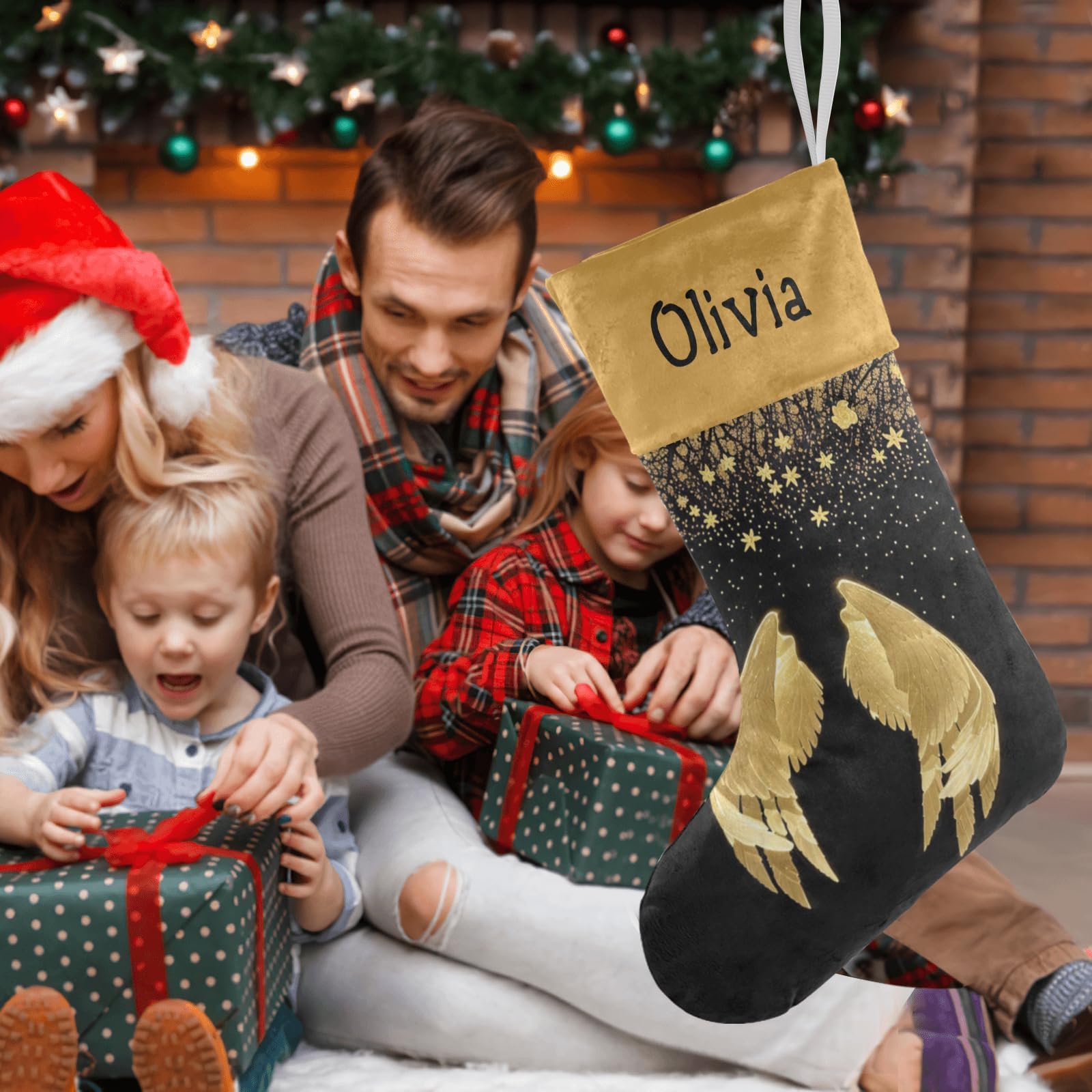 Personalized Gold Angel Wings Christmas Stockings with Name - Custom Holiday Gift for Boys, Girls & Pets (17.52 x 7.87 Inch) - Perfect for Fireplace Decor, Xmas Tree Hanging & Festive Home Decoration