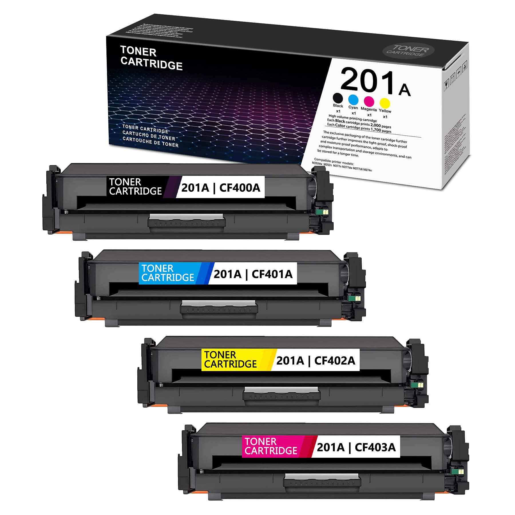 High-Quality Compatible Toner Cartridge Replacement for HP 201A (CF400A/CF401A/CF402A/CF403A) - 4 Pack (1BK+1C+1M+1Y) - Works with HP Pro M252n/M252dw/MFP M277 Series - Perfect for Home & Office Printing Needs