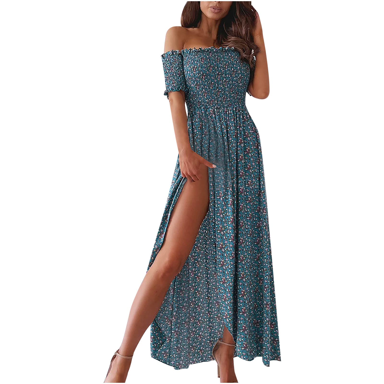 Luciava Women's One Shoulder Casual Summer Dress - Trendy Short Sleeve Wrap Print Ankle-Length Maxi Dress for Beach Vacation, Party & Date Night