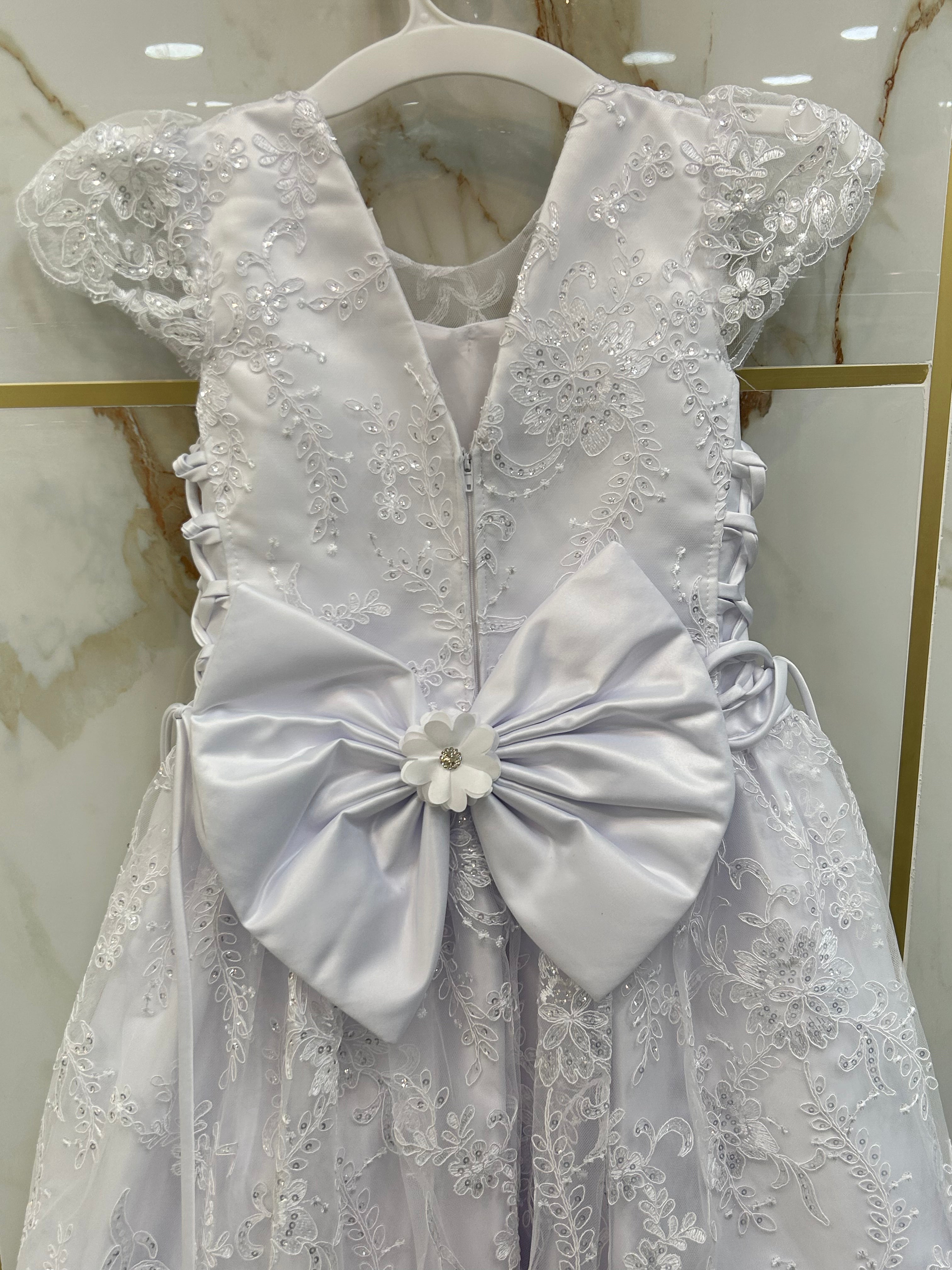 First Communion Dresses for Girls - Elegant White Lace Dress with Satin Bow (434/2414) | Perfect for Church Ceremonies, Baptisms & Special Occasions