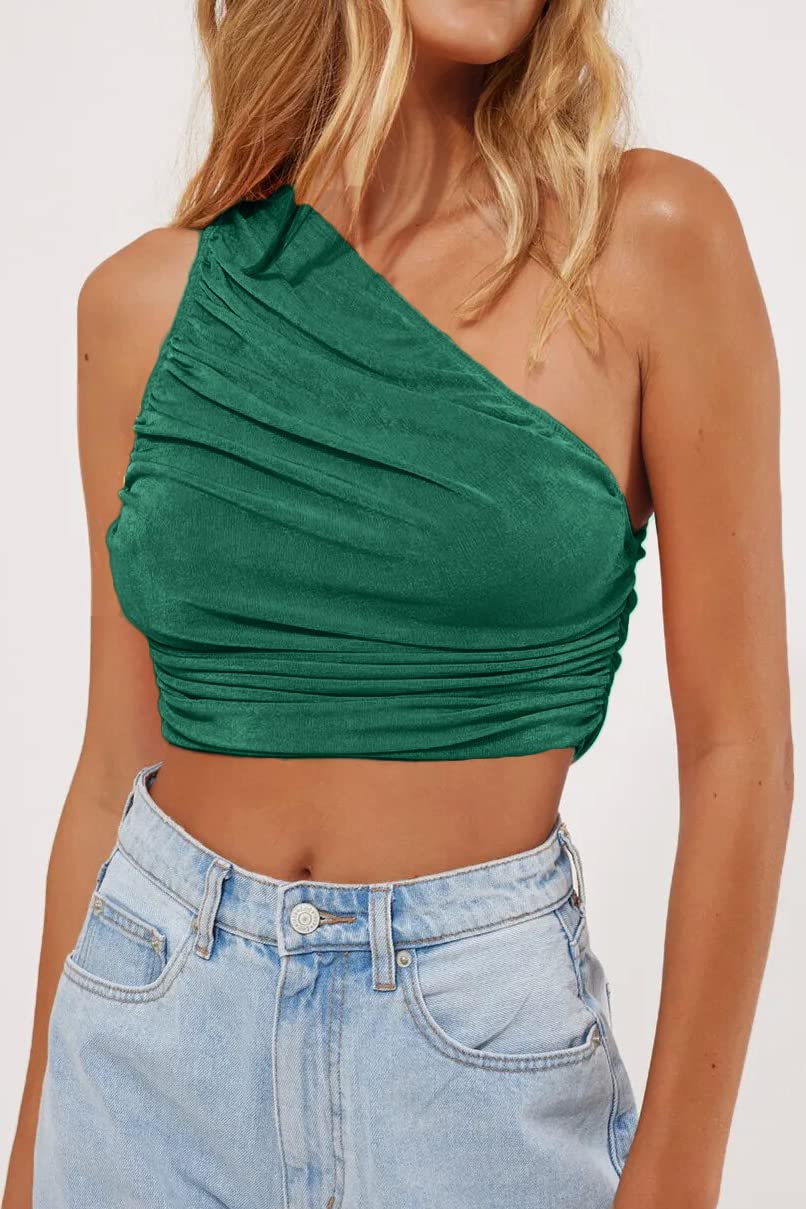 CHYRII Women's Sexy Sparkly One Shoulder Crop Top - Sleeveless Ruched Tank Top for Party, Club, Night Out & Summer Vacation | Trendy Casual Wear