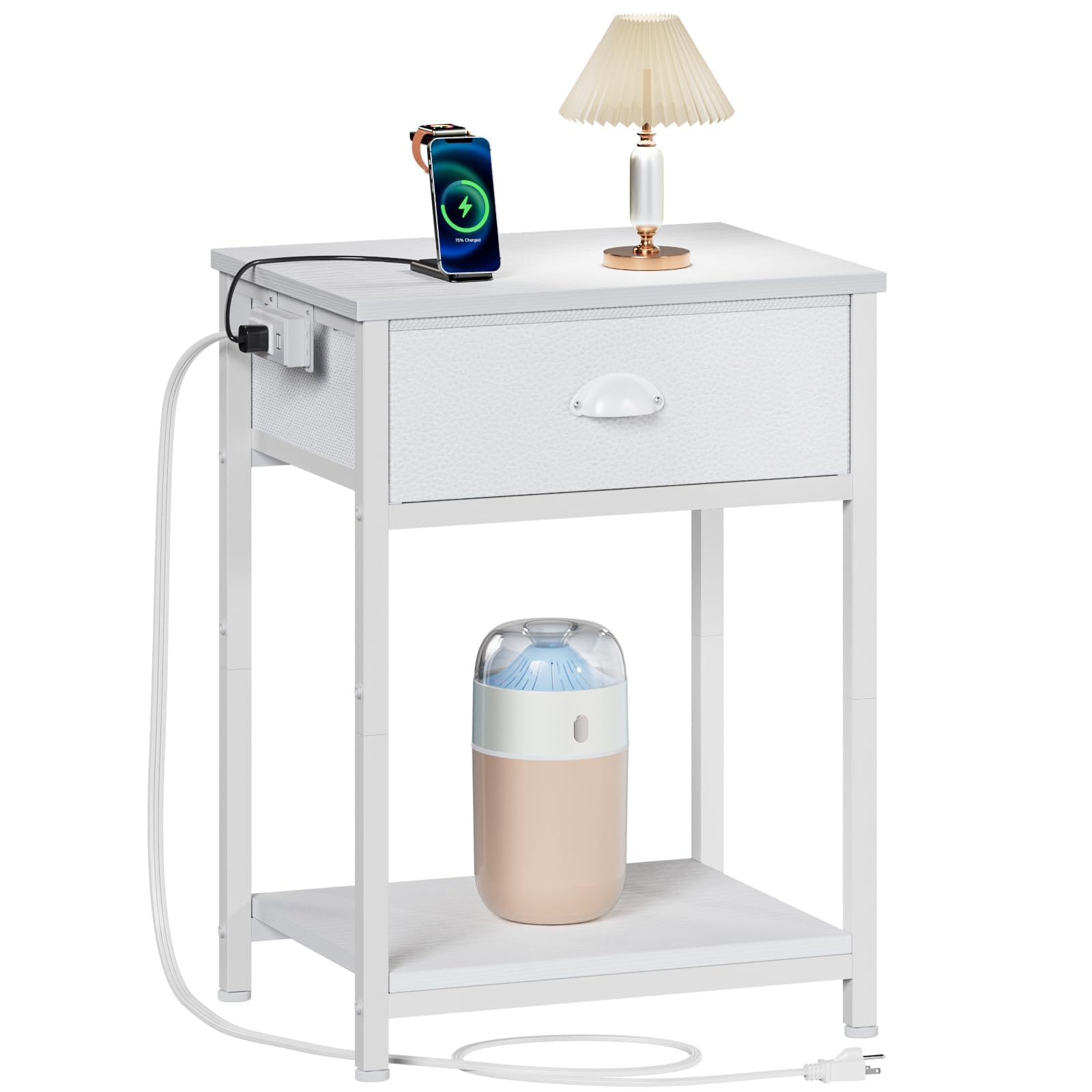 White Nightstand with USB Charging Station & Fabric Drawer - Compact 2-Tier Bedside Table with Storage Shelves for Small Spaces - Perfect for Bedroom, Living Room, Dorm & Apartment - Ideal for Charging Devices & Organizing Essentials