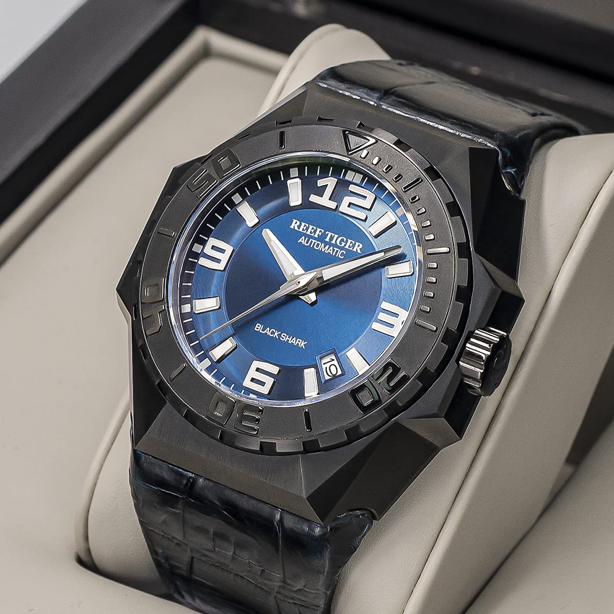 REEF TIGER RT RGA6903 Military Automatic Dive Watch for Men - Blue Dial, Black Stainless Steel - Waterproof, Shock Resistant for Outdoor, Sports & Diving