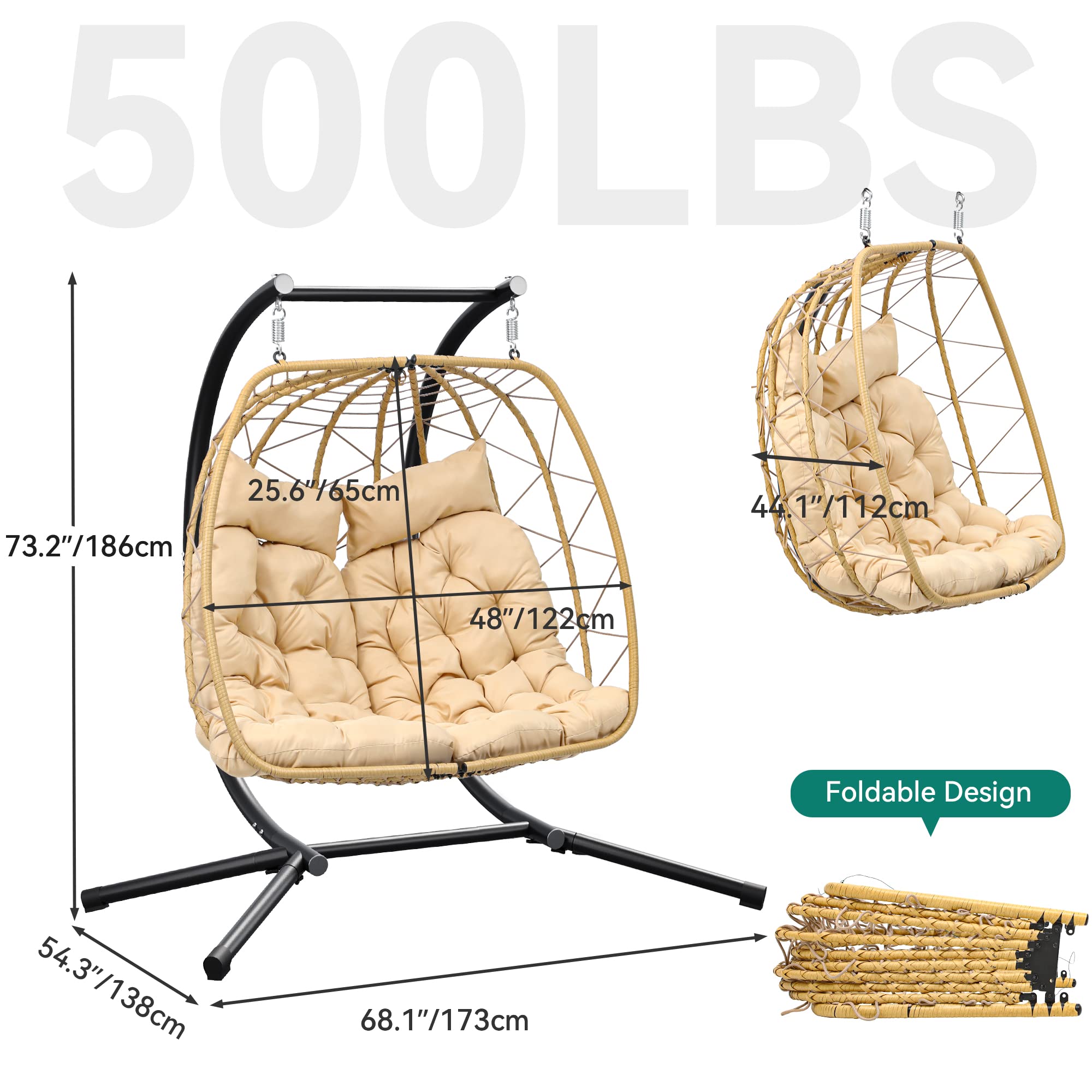 YITAHOME 2-Person Hanging Egg Chair Swing with Stand - 500lbs Capacity Wicker Hammock Chair for Outdoor & Indoor Use - Includes Cushions - Perfect for Patio, Garden, Bedroom, Balcony - Beige - Relaxation & Boho Home Decor