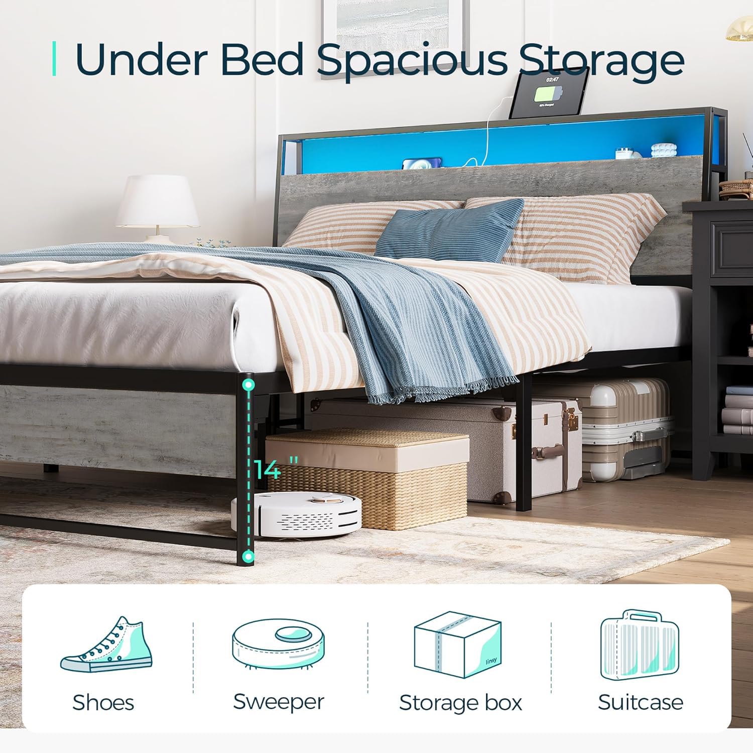 LINSY Full Size Bed Frame with Storage, Ergonomic Headboard, 14 Inch Metal Platform Bed with LED Lights & USB Ports - Easy Assembly, No Box Spring Needed, Noise Free - Perfect for Small Apartments, Dorm Rooms & Modern Bedrooms (Greige)