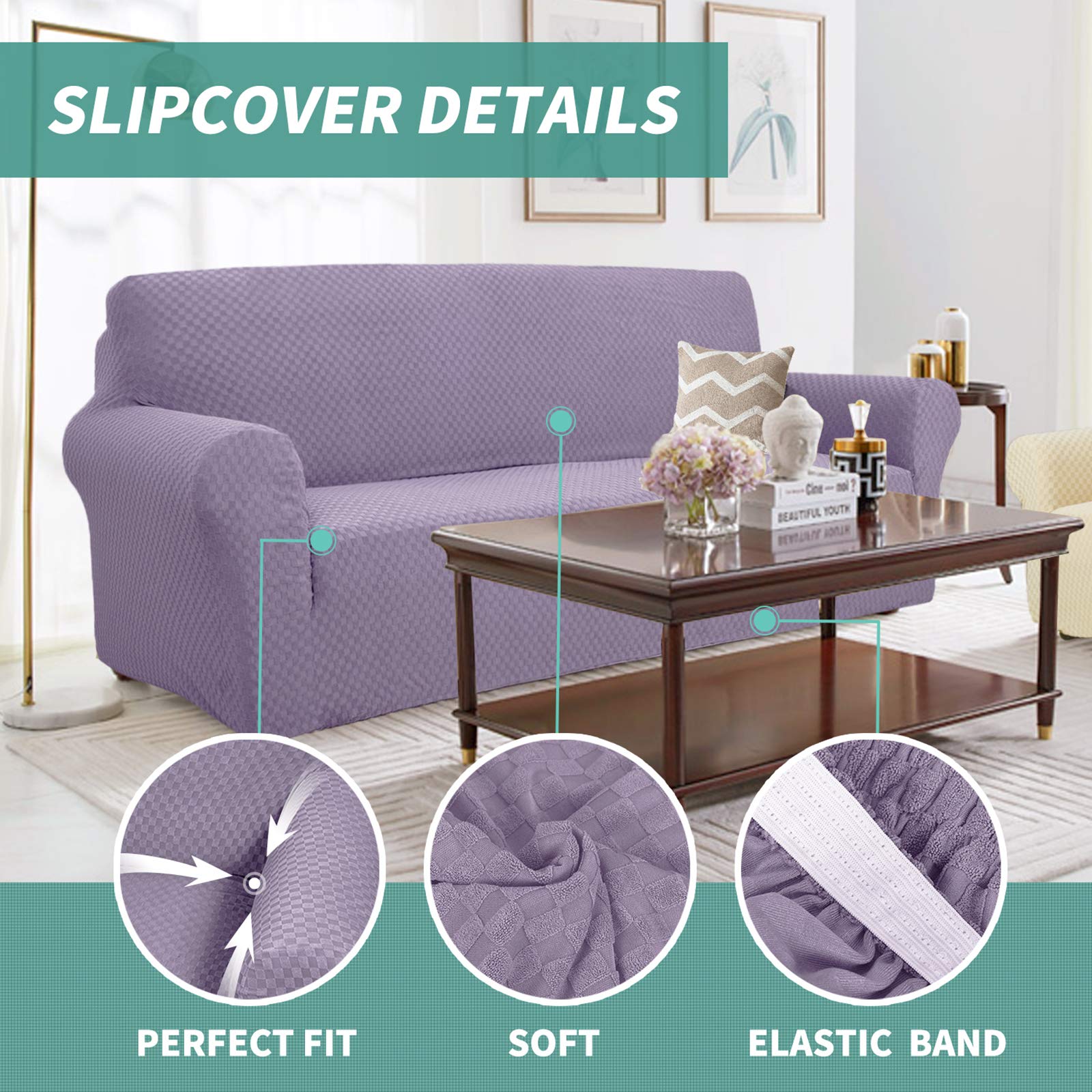 YEMYHOM Jacquard Stretch Sofa Cover for 2-Cushion Couch - Pet Proof, Non-Slip Elastic Loveseat Slipcover Furniture Protector (Medium, Light Purple) - Perfect for Living Room, Apartment & Pet Owners