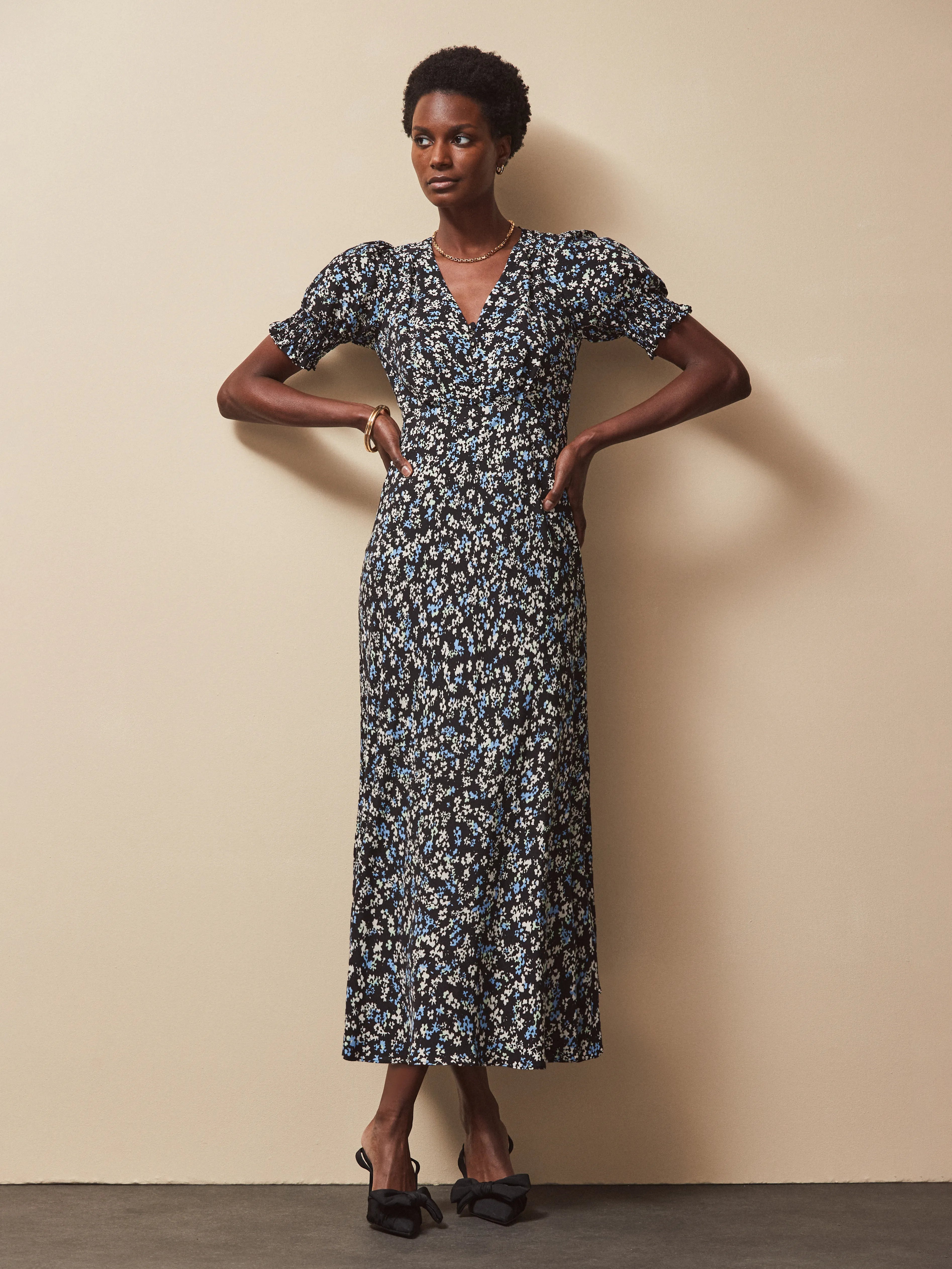 Petite Blue Ditsy Print Shirred Cuff Midi Dress for Women | Floral Summer Dress with Elastic Sleeves | Perfect for Garden Parties, Date Nights & Brunch Outings