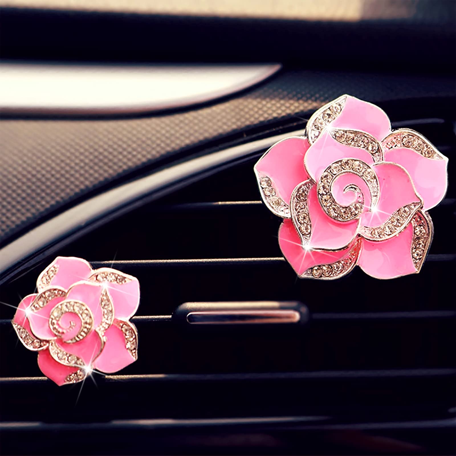 2 Pcs Camellia Air Vent Clips - Cute Flower Car Air Freshener with Crystal Rose Charm, Bling Car Vent Decor for Women & Girls | Perfect for Car Interior Decoration & Aromatherapy