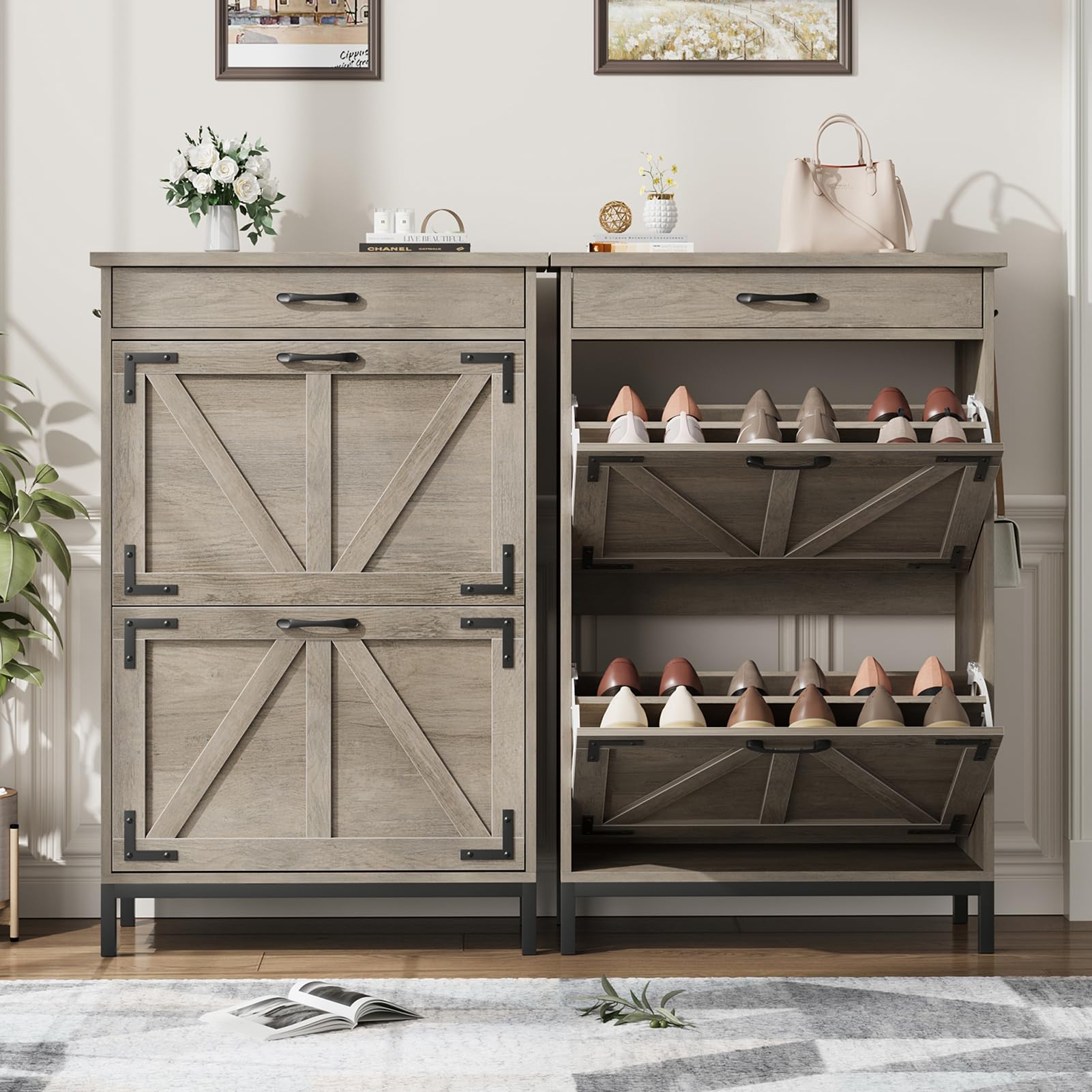 Farmhouse Style Shoe Storage Cabinet - Narrow Entryway Shoe Organizer with 2 Flip Drawers, Free Standing Slim Shoe Rack for Hallway, Foyer, Living Room - Perfect for Small Spaces & Home Organization (Grey)