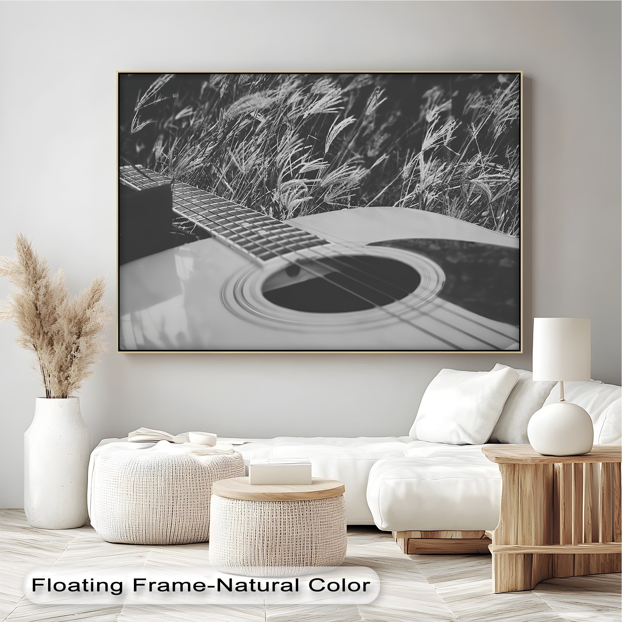 Acoustic Guitar in Field - Black and White Nature Music Canvas Prints | Wall Art Decor for Living Room, Bedroom & Office | Music Lover Gift