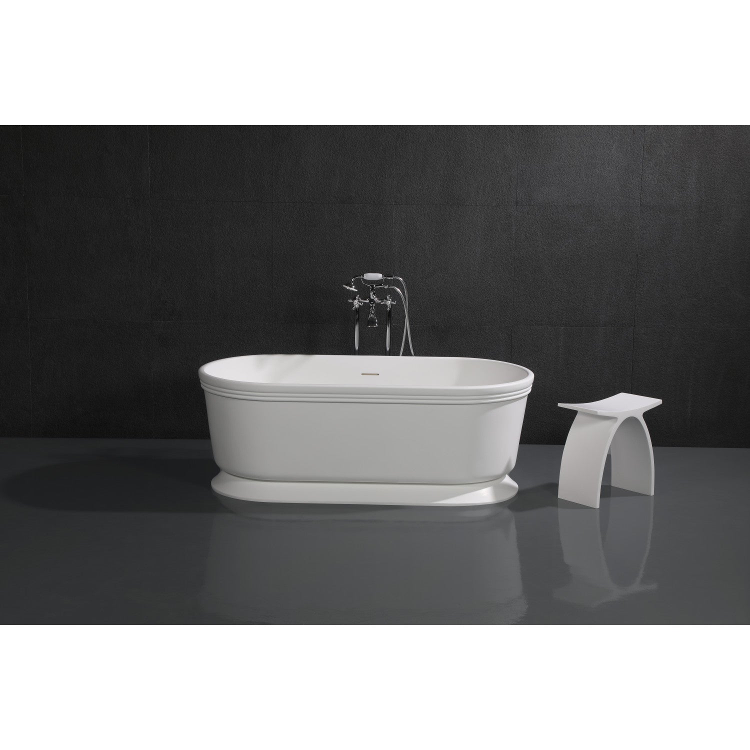 Arcticstone 59 Inch Solid Surface Oval Double Ended Freestanding Bathtub - Glossy White/Matte White Pedestal Tub with Drain (No Faucet Holes) for Luxury Bathroom & Spa Relaxation