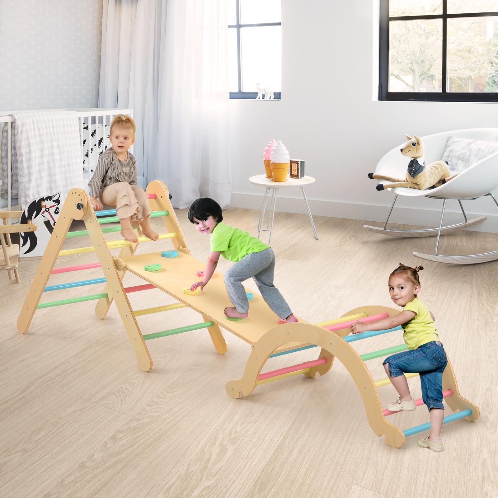 **7-in-1 Wooden Pikler Triangle Set for Toddlers – Montessori Foldable Climbing Gym with Arch, Ramp & Triangle – Indoor & Outdoor Play Equipment for Kids' Early Learning & Active Play**    *(Perfect for Home Playrooms, Daycares, Backyards & Montessori Classrooms – Encourages Motor Skills & Creative Play)*