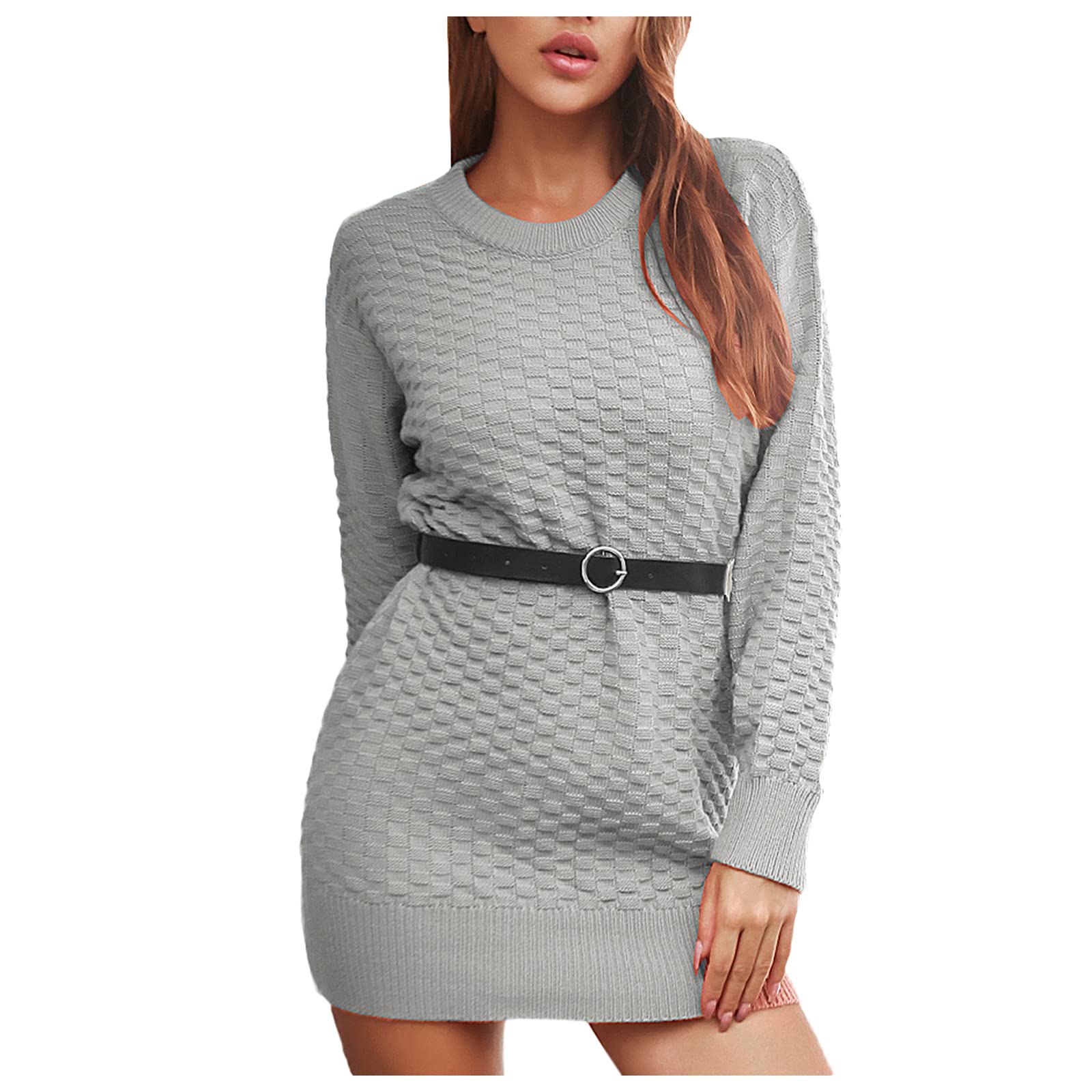 UYTOGOFE Women's Casual Long Sleeve Round Neck Belted Sweater Mini Dress - Loose Fit Tan Midi Dress for Everyday Wear, Office & Date Nights