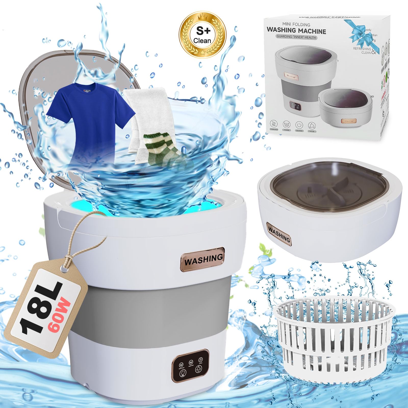 **Mini Portable Washing Machine 18L 60W with Spin Dryer - Compact Foldable Travel Washer for Camping, Dorms, Apartments & RV - Lightweight Grey Laundry Solution for Small Spaces, Travel & Off-Grid Living - Perfect for Outdoor Adventures, Tiny Homes & Emergency Use - Ideal for Camping Trips, College Dorms, RV Travel & Emergency Preparedness [2024 Clean S+]**
