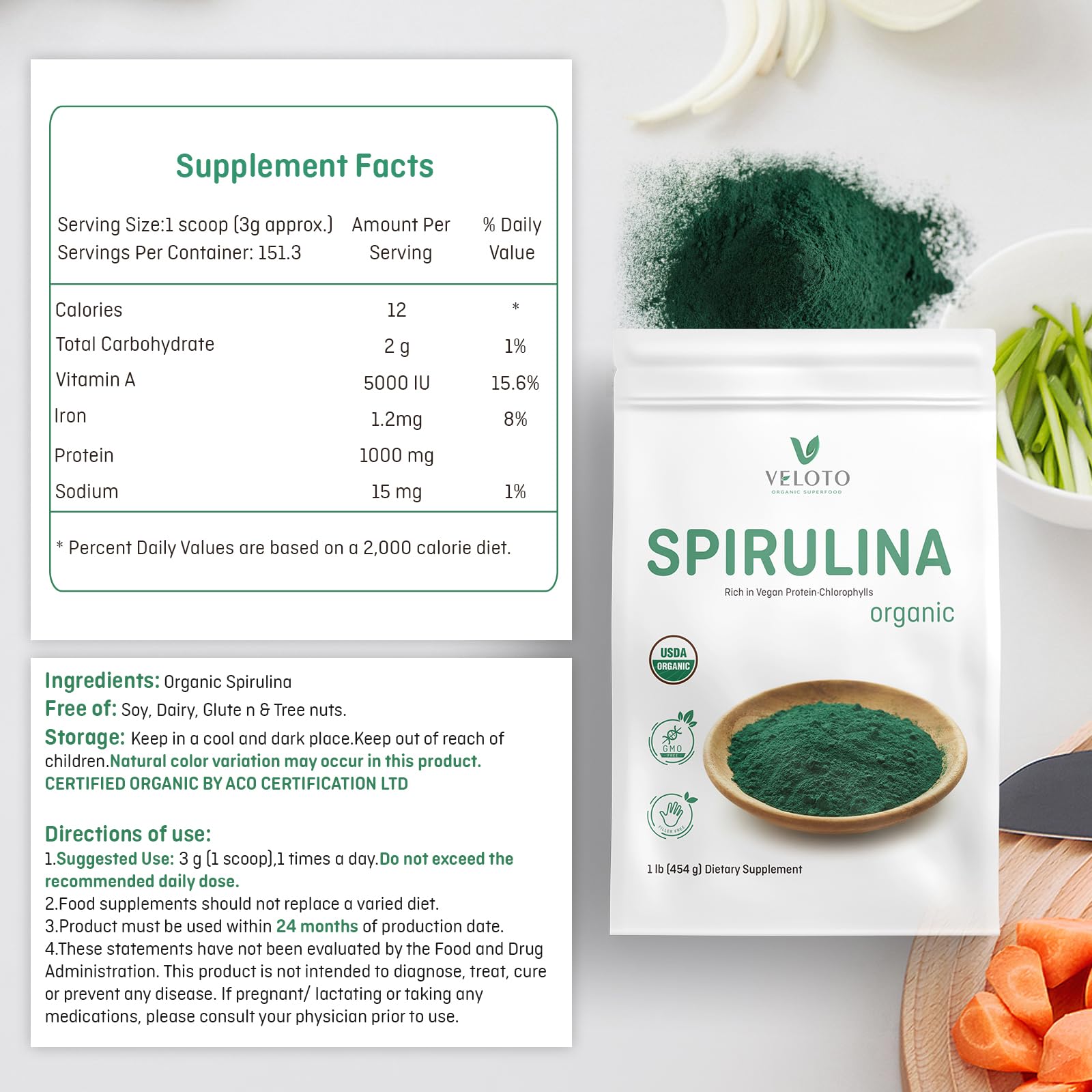 Organic Spirulina Powder Superfood - 1 Pound (16 Ounce) | Vegan Protein, Antioxidants & Vitamins Supplement for Immune Support | Non-GMO, Gluten-Free | Smoothies, Detox Drinks & Health Boosters