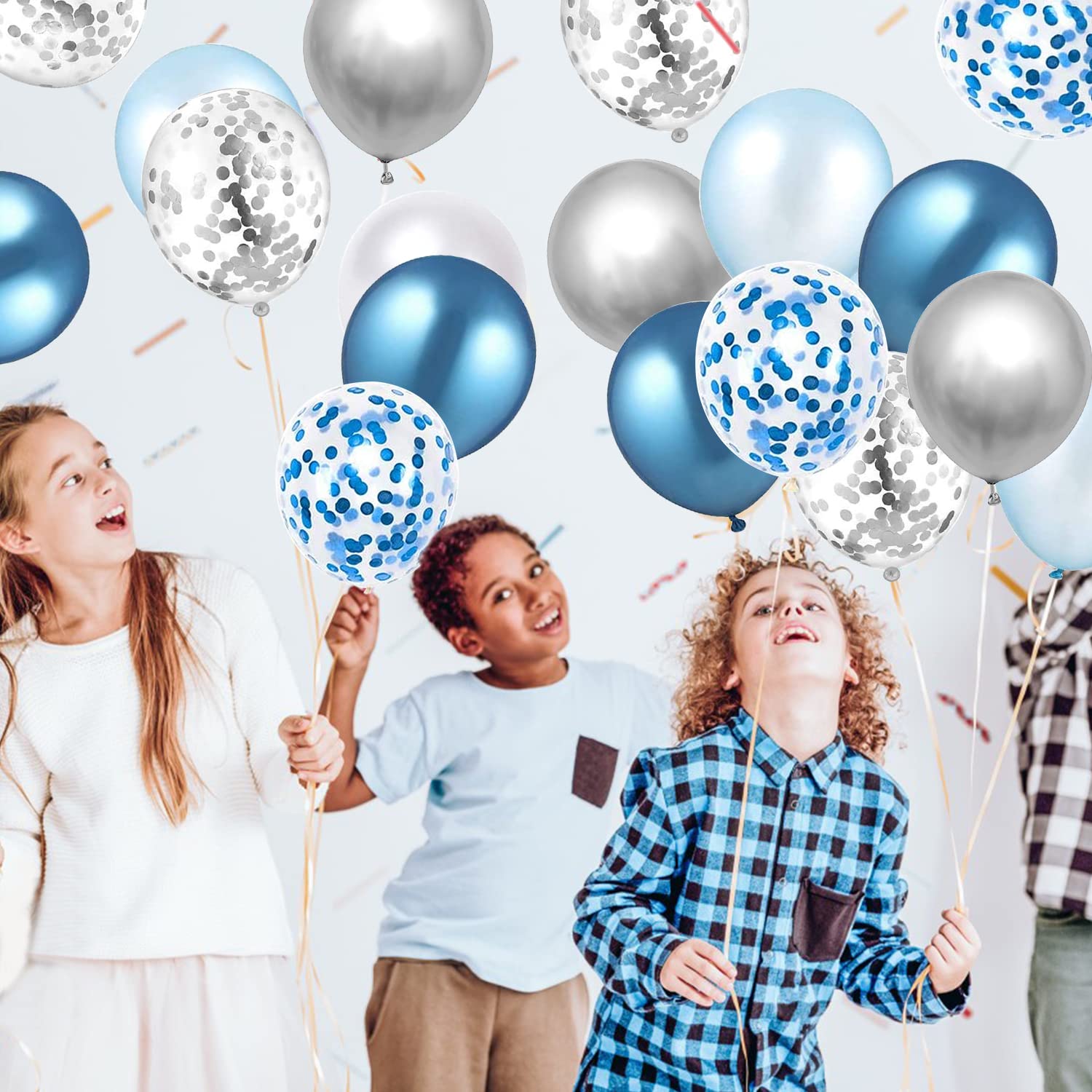 60 PCS Blue Silver White Confetti Balloons 12 Inch - Metallic Party Balloons for Birthday, Baby Shower, Graduation Decorations - Perfect for Indoor & Outdoor Celebrations, Photo Backdrops, and Event Decor