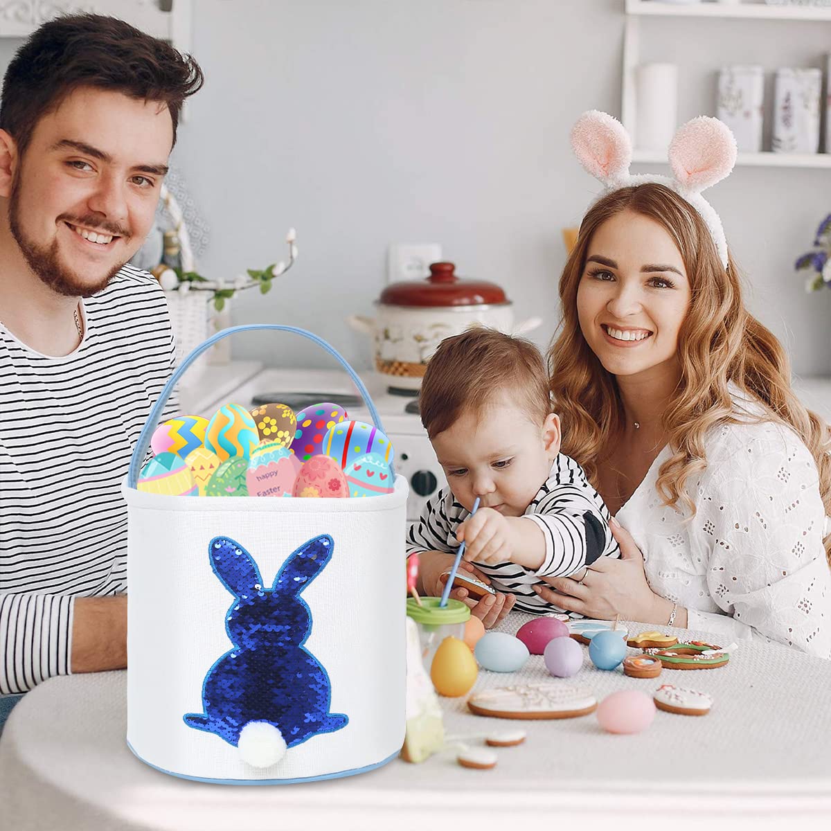 Easter Bunny Basket Bag for Kids - Sequin Rabbit Pattern Egg Hunt Bag with Fluffy Tail - Personalized Canvas Cotton Bucket for Easter Eggs, Candy & Gifts (Blue) - Perfect for Easter Egg Hunts, Party Favors & Spring Celebrations