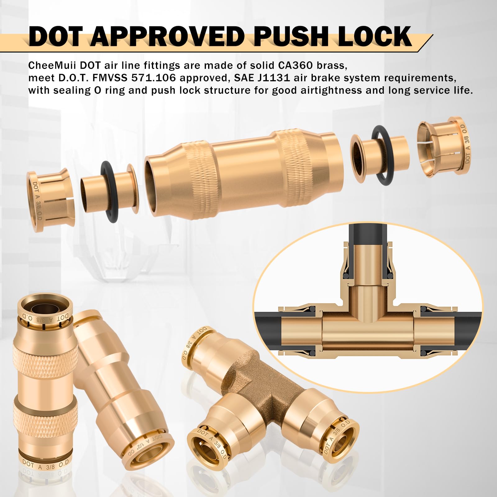 CheeMuii 76 Pcs Brass DOT Air Line Fittings Kit - Push Lock & Quick Connect Air Hose Fittings with NPT Thread - Compatible with Pneumatic Tubing for Air Compressors, HVAC Systems & Industrial Applications