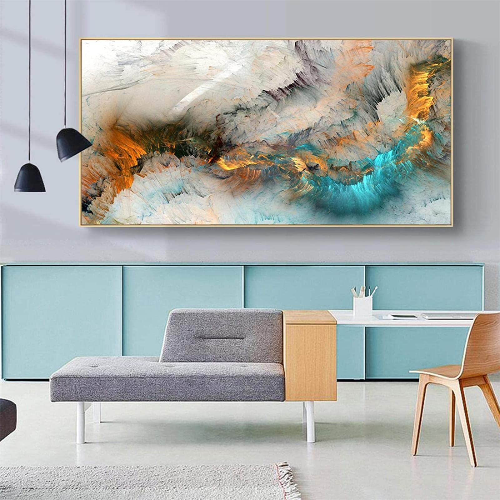 Light Gray Blue Yellow Abstract Cloud Canvas Wall Art - 80x160cm Framed Painting for Living Room, Bedroom & Office Decor | Modern Home Interior Design