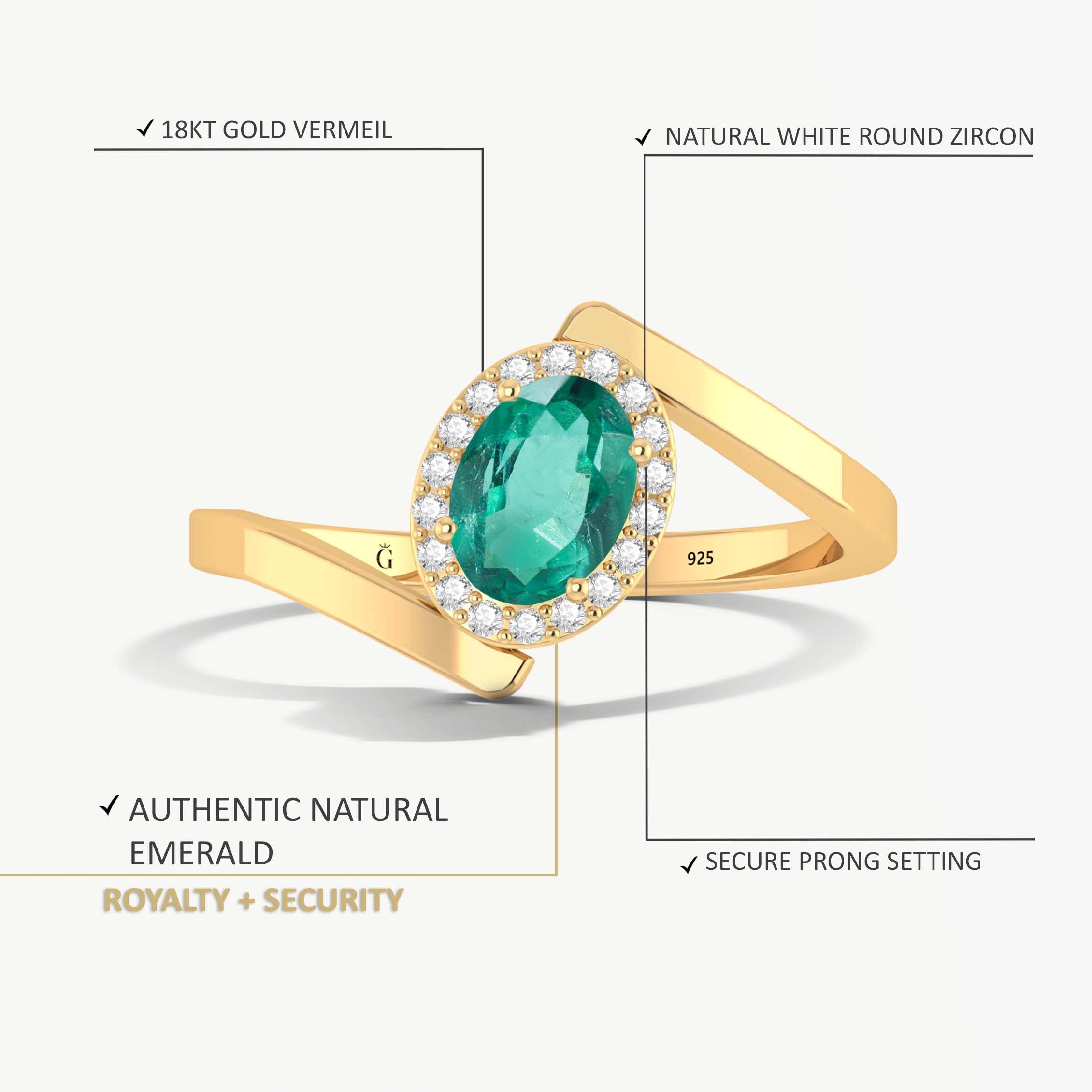 Lab Grown Emerald Ring - 18K Gold Vermeil or 925 Sterling Silver - Elegant Jewelry for Women, Engagement, Wedding & Everyday Wear