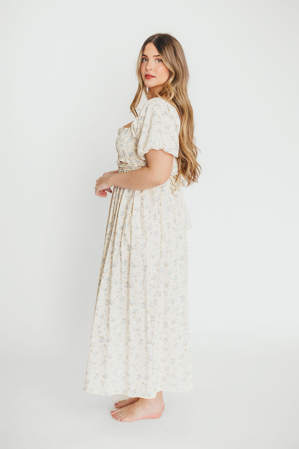 Finley 100% Cotton Peplum Midi Dress - Ivory & Blue - Bump & Nursing Friendly Maternity Dress for Pregnancy & Breastfeeding | Perfect for Casual Outings, Baby Showers & Nursing Dates