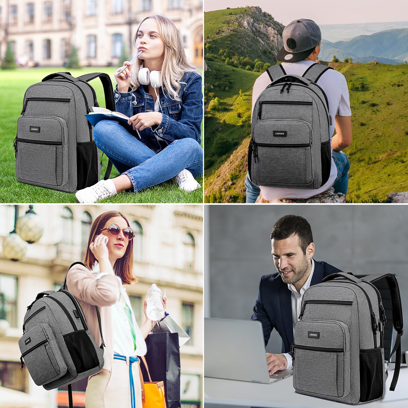 Durable 17.3 Inch Laptop Backpack for Women & Men - USB Charging Port School Backpack for High School & College Students - Large Grey Computer Bookbag - Perfect for Travel, Work & Daily Commute