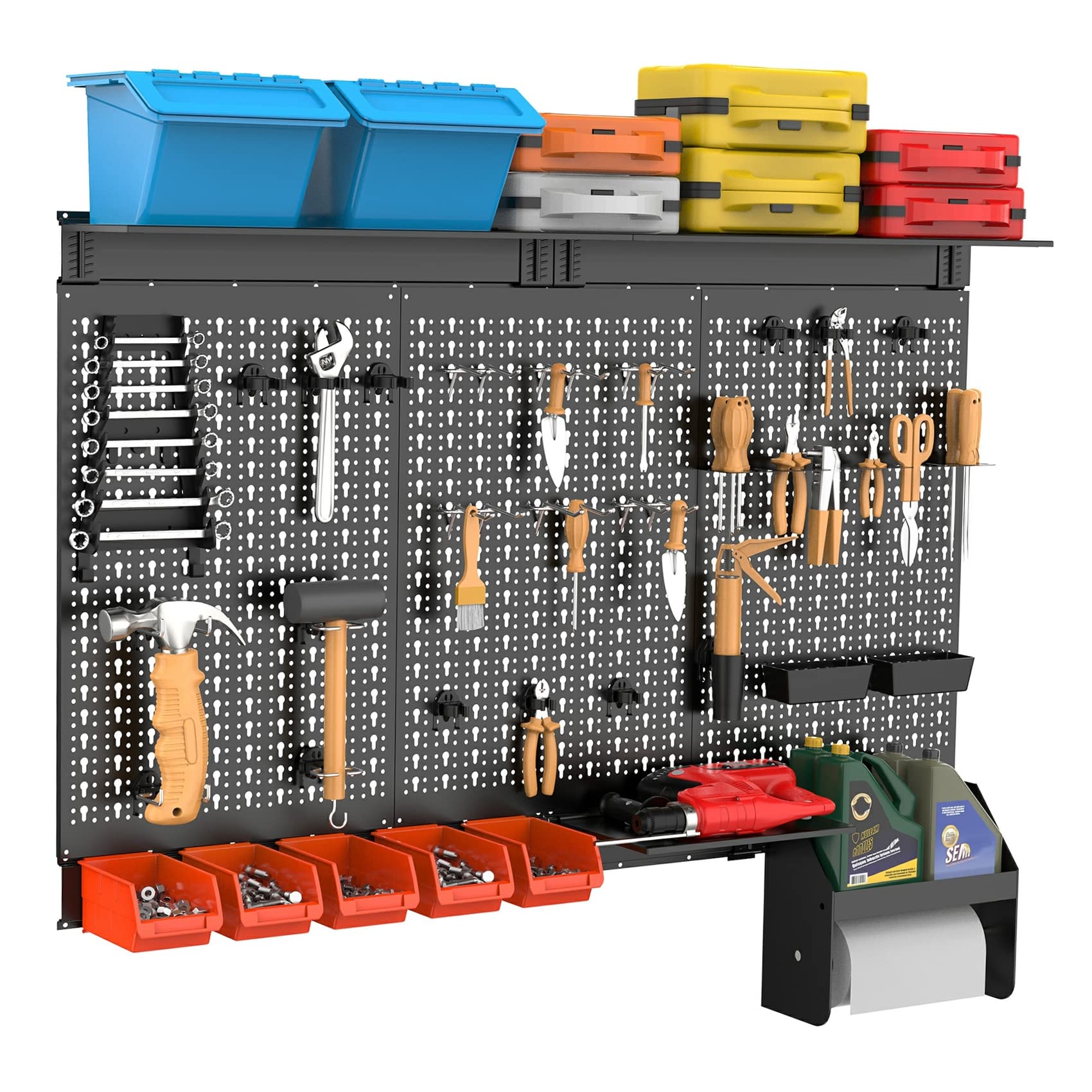 TORACK 4ft Metal Pegboard Wall Organizer - Heavy Duty Garage Tool Storage System with Wall Mount Bins, Shelves & Accessories | Perfect for Workshop, Garage & DIY Projects (Black)