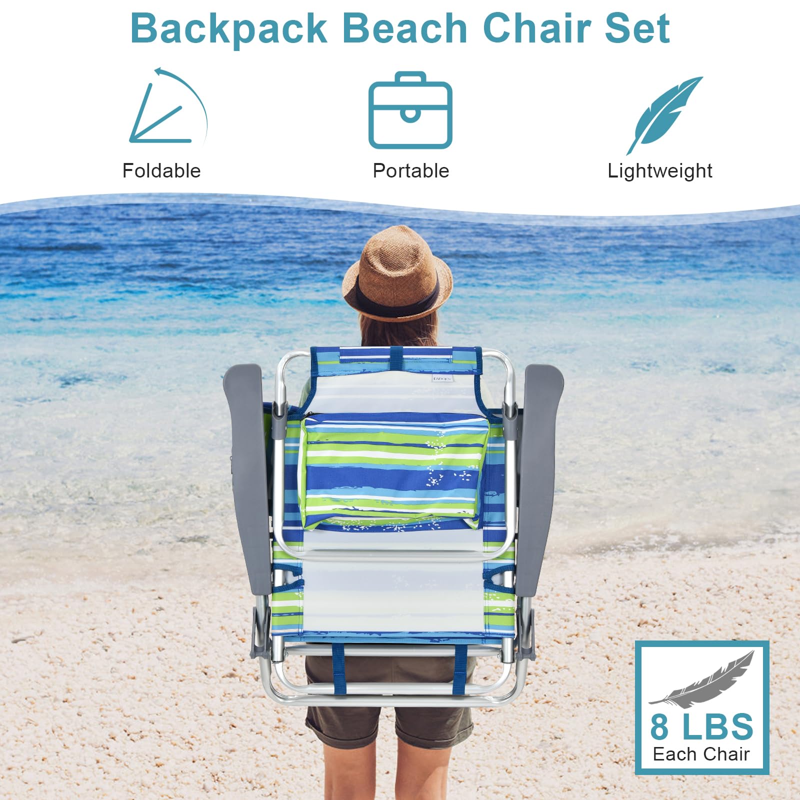 GYMAX 2-Pack Portable Folding Beach Chairs with Backpack Straps, Armrests, Cooler Bag, Cup Holder & Storage Pockets - Lightweight Camping Lounge Chairs for Outdoor, Picnic, Poolside, Backyard & Beach Relaxation (Blue Stripes)