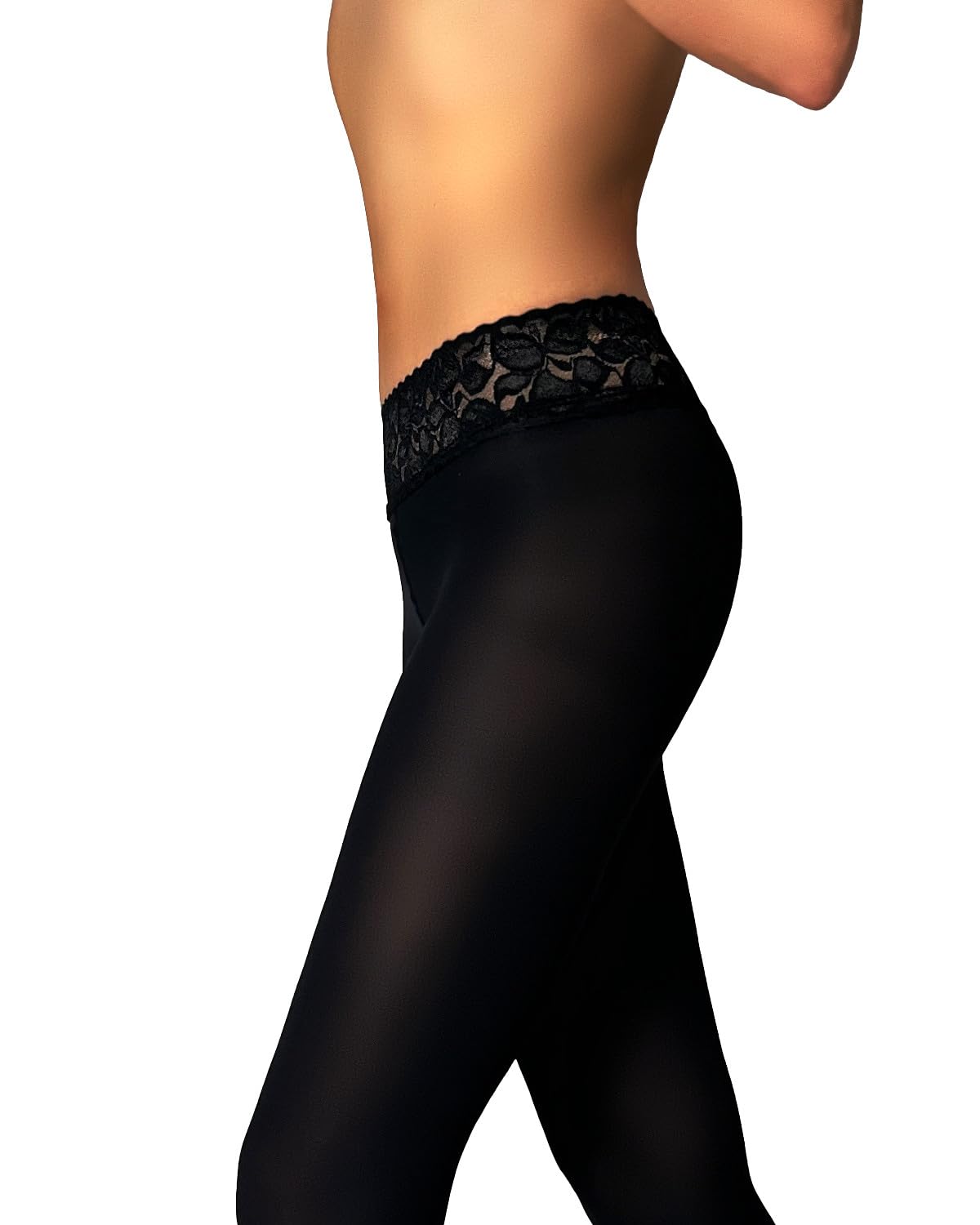 Mila Marutti Women's Low Rise Sheer Nylons Pantyhose with Lace Top - Sexy Stockings for Everyday Wear, Date Night & Special Occasions