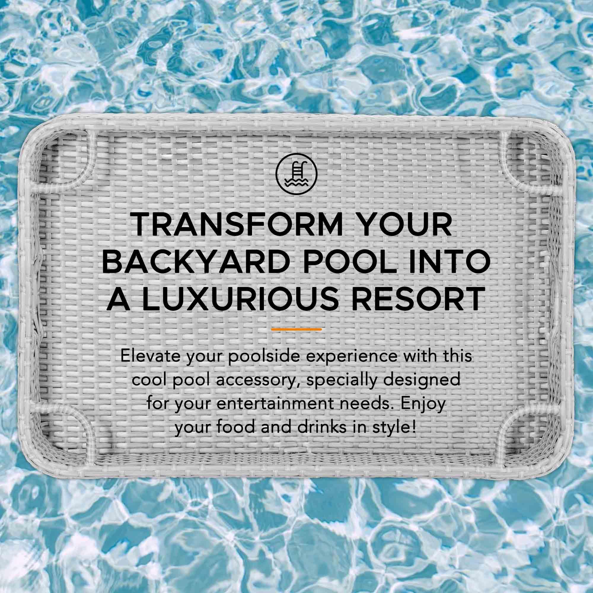 Sunjoy 36x24 Inch Wicker Floating Pool Tray with Aluminum Frame - Waterproof Floating Serving Tray for Drinks, Snacks & Essentials - Fits Most Swimming Pools - Perfect for Pool Parties, Relaxation & Summer Fun - Grey